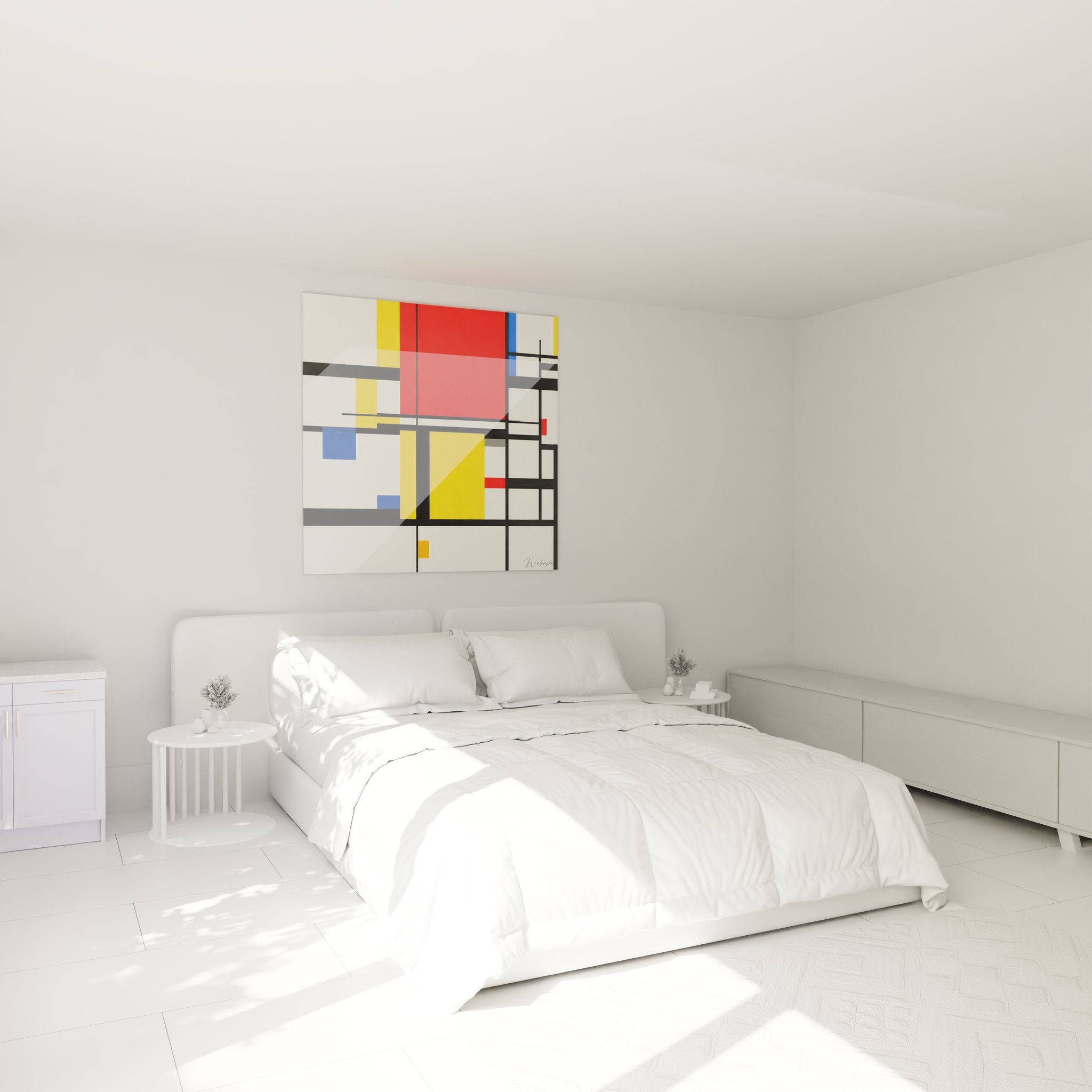Tableau mural géométrique abstrait mondrian dans chambre moderne décoration contemporaine