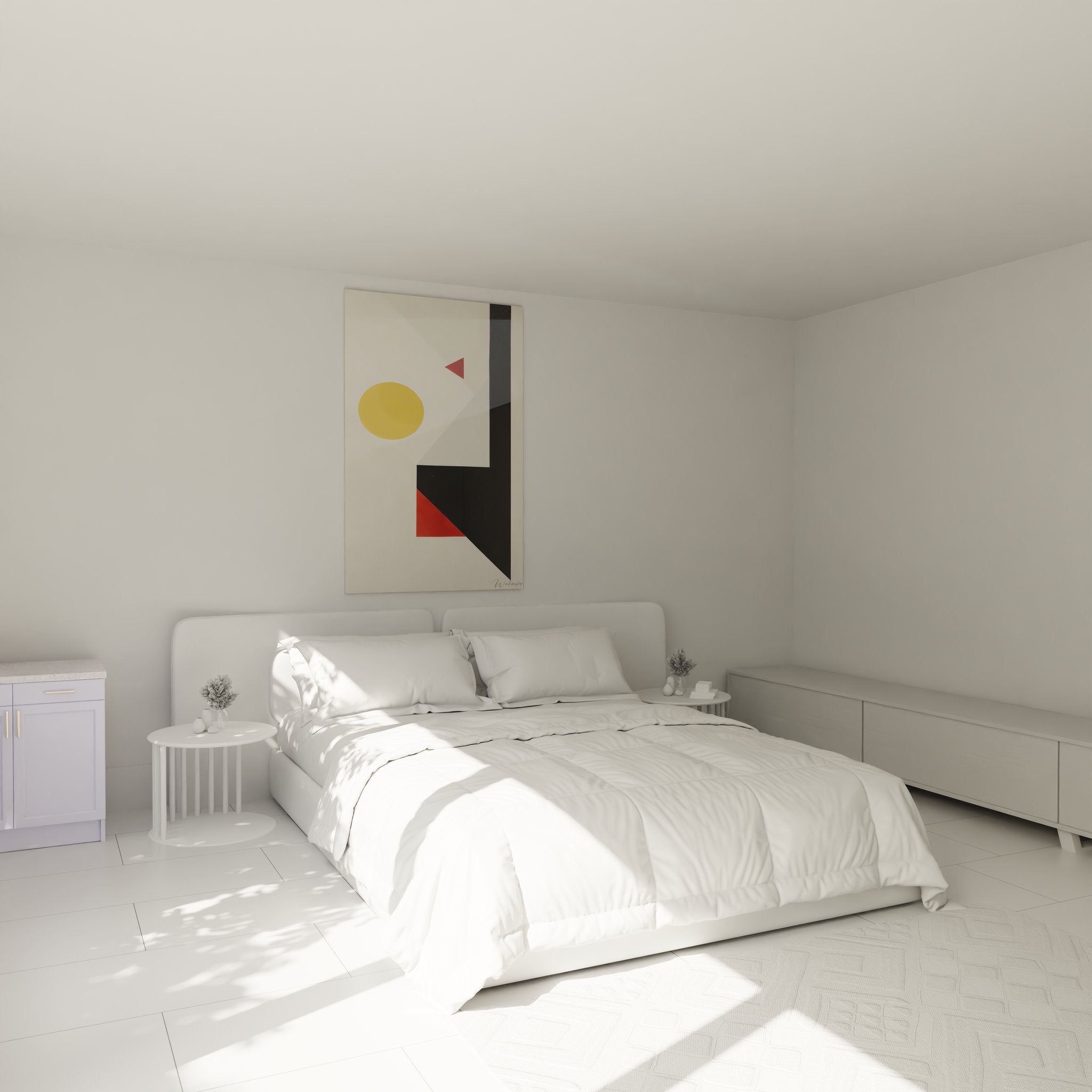 Tableau mural géométrique abstrait décorant une chambre moderne avec composition colorée