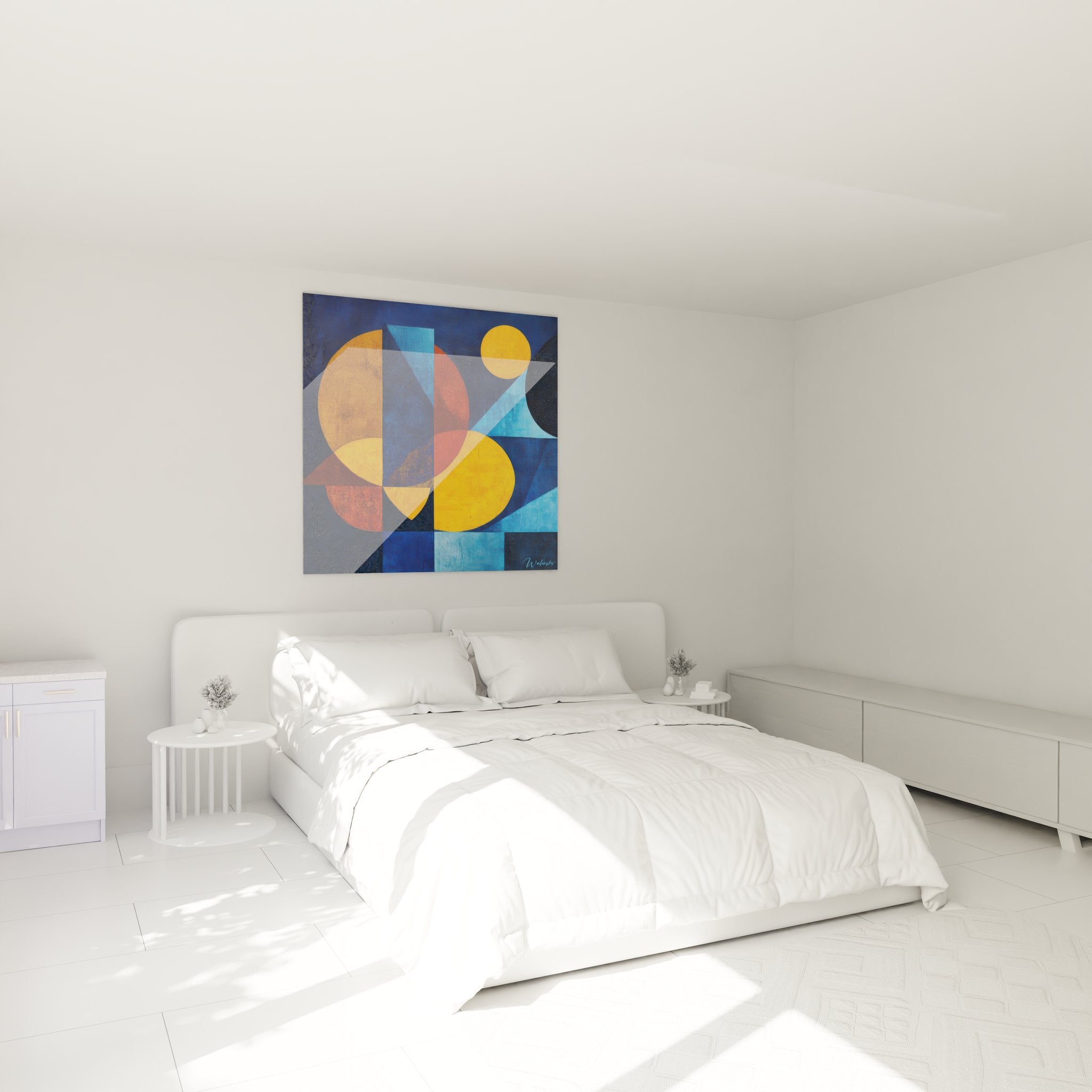 Abstract geometric wall art in orange and blue decorating a contemporary bedroom