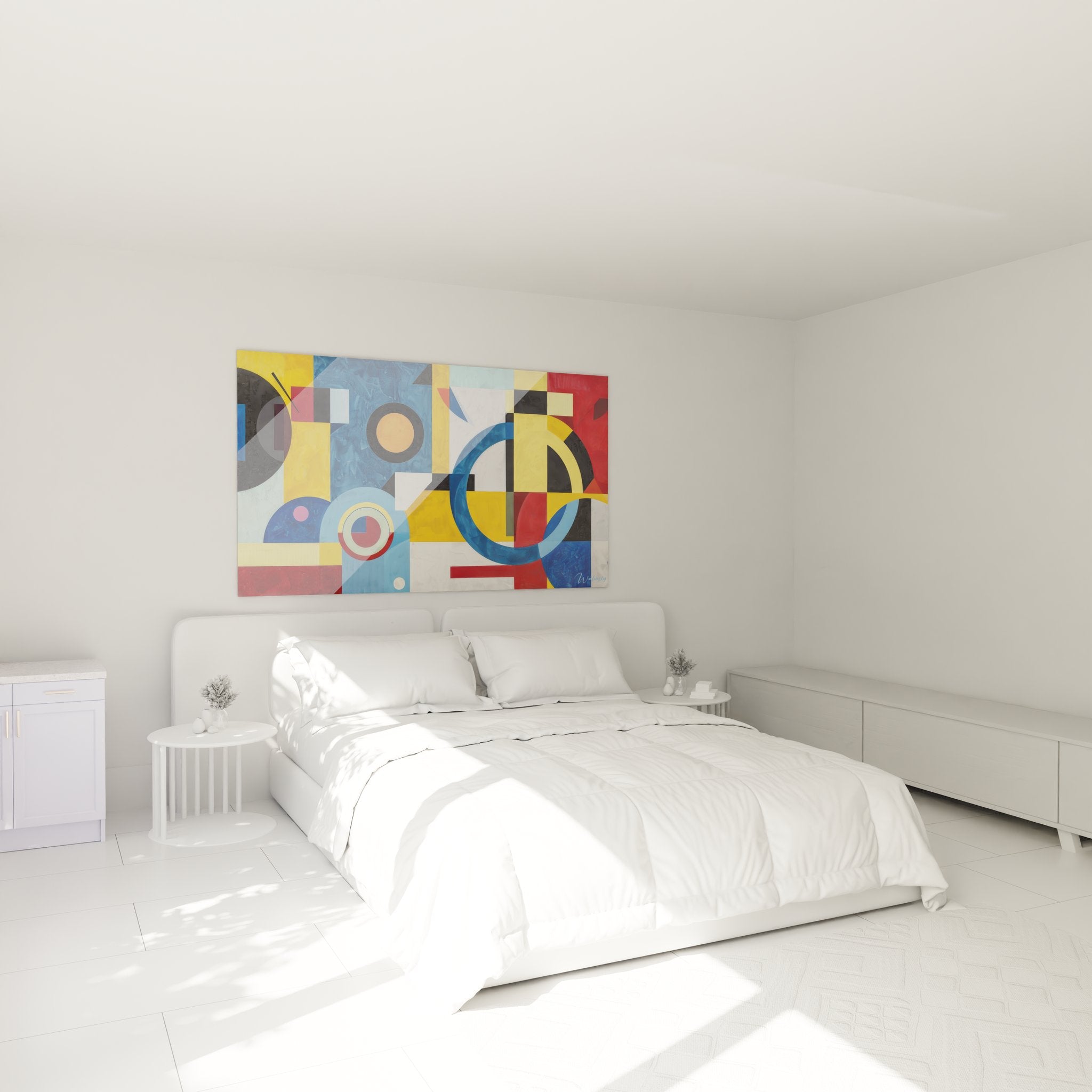 Tableau mural géométrique abstrait dans chambre moderne avec formes colorées décoration intérieure