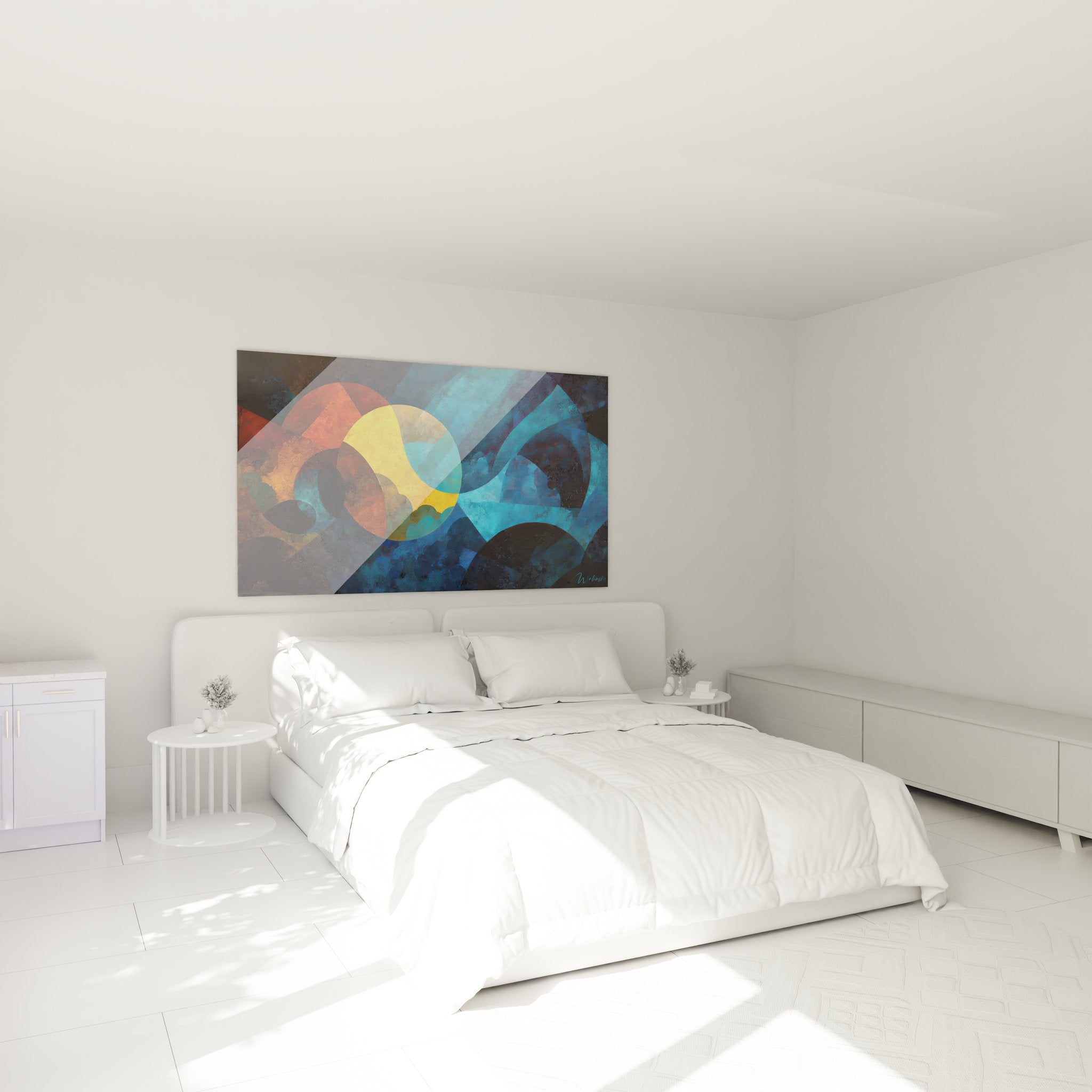 Tableau mural géométrique abstrait dans ambiance chambre moderne avec formes colorées harmonieuses