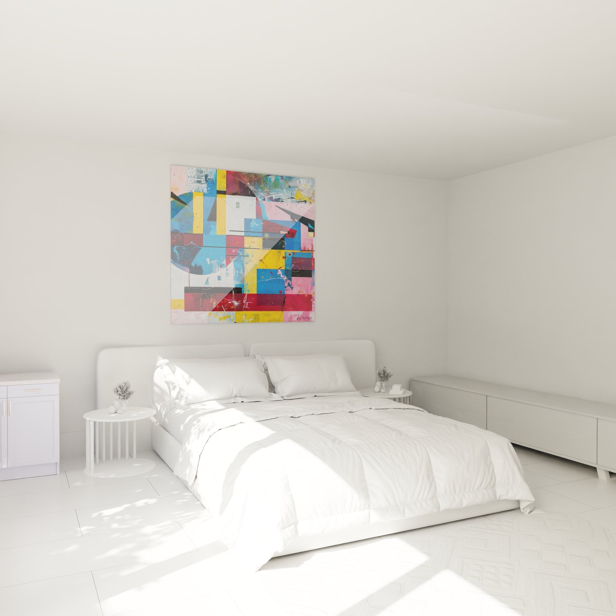 Tableau mural géométrique abstrait coloré décorant une chambre moderne avec style contemporain
