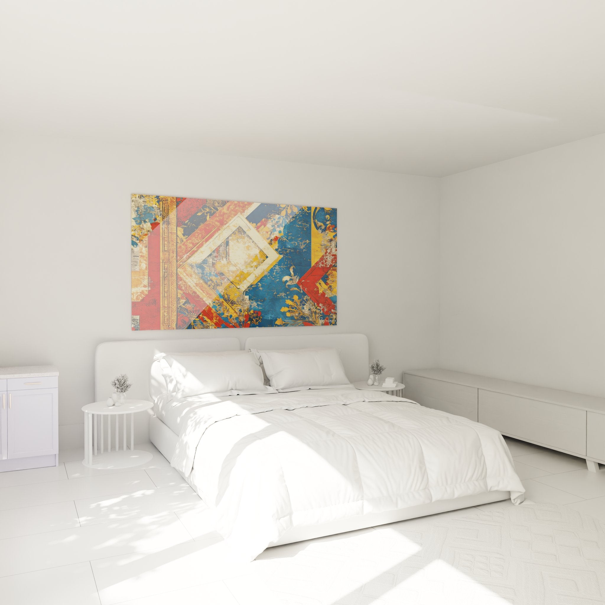 Abstraktes geometrisches Dekorationsbild installiert in modernem Schlafzimmer, farbenfrohe zeitgenössische Wandkunst
