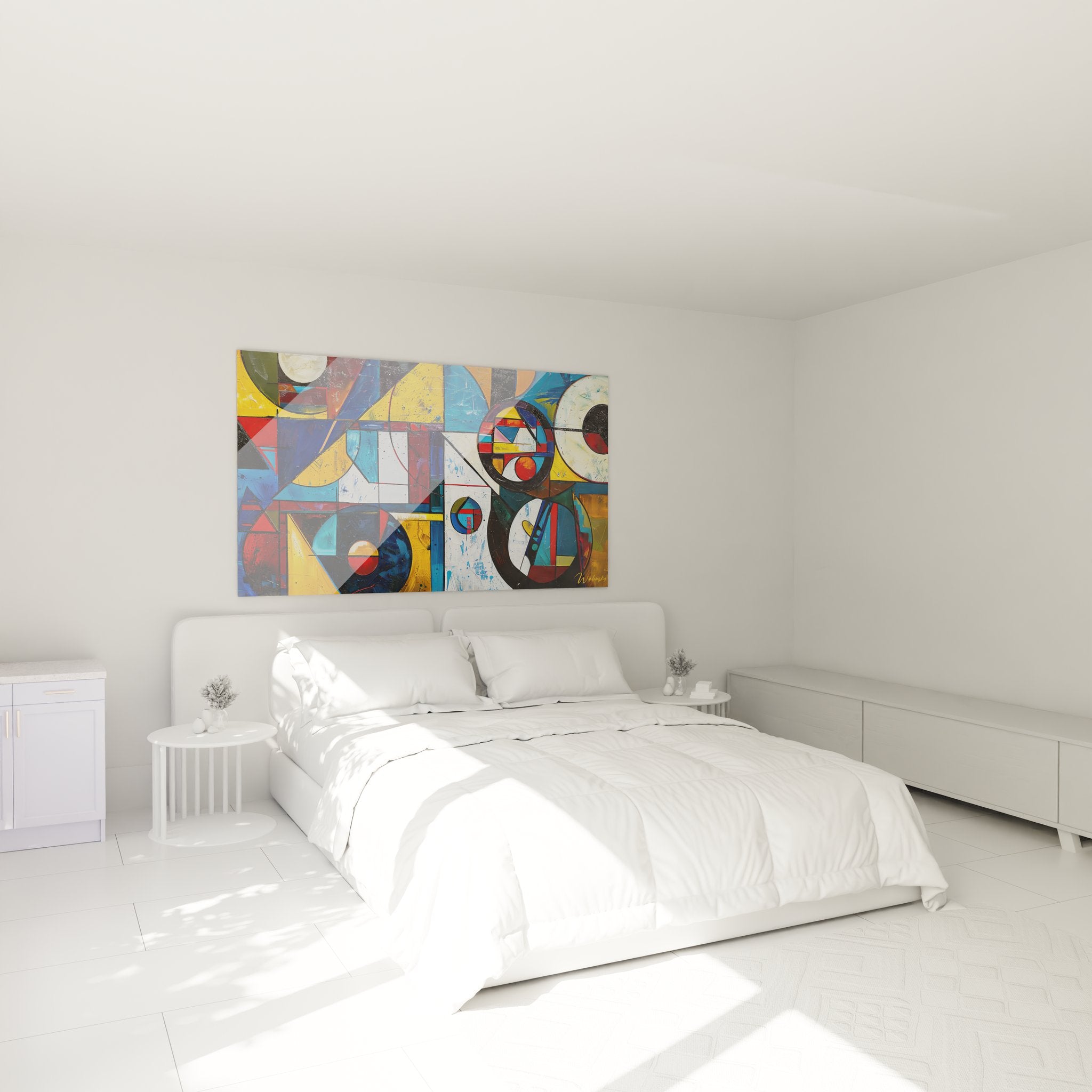 Tableau mural géométrique abstrait décorant une chambre moderne avec couleurs vives