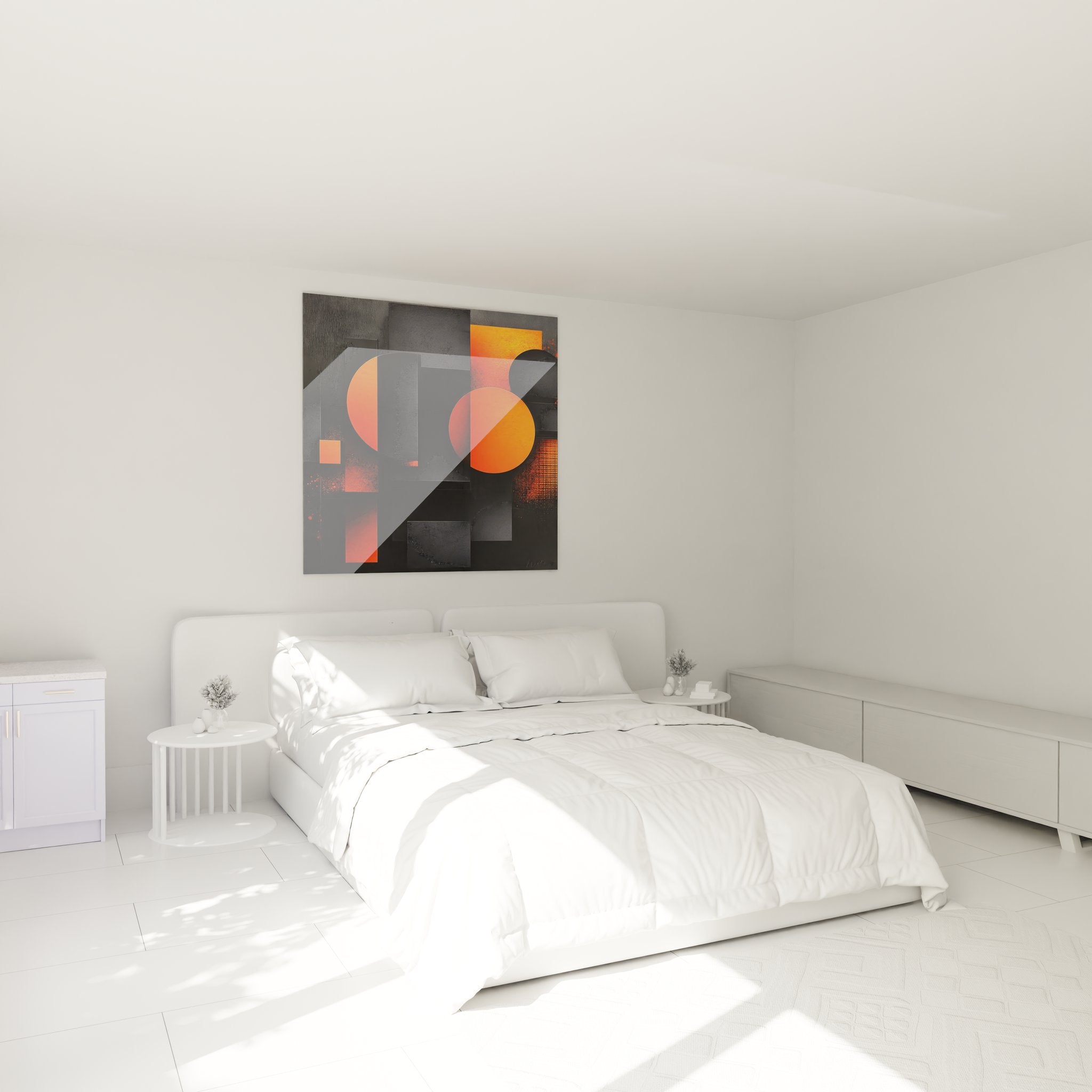 Tableau mural géométrique orange et noir décorant une chambre contemporaine moderne