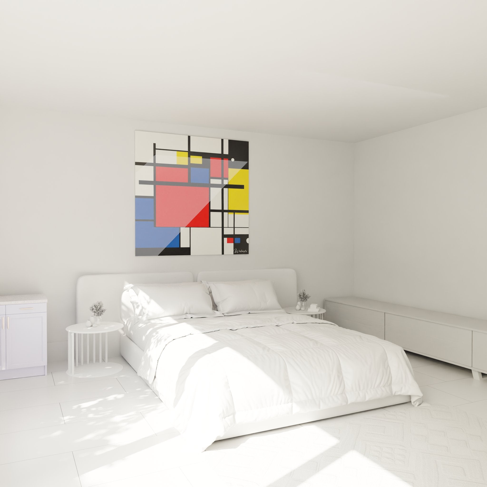 Tableau mural géométrique Mondrian dans chambre moderne avec décoration contemporaine minimaliste