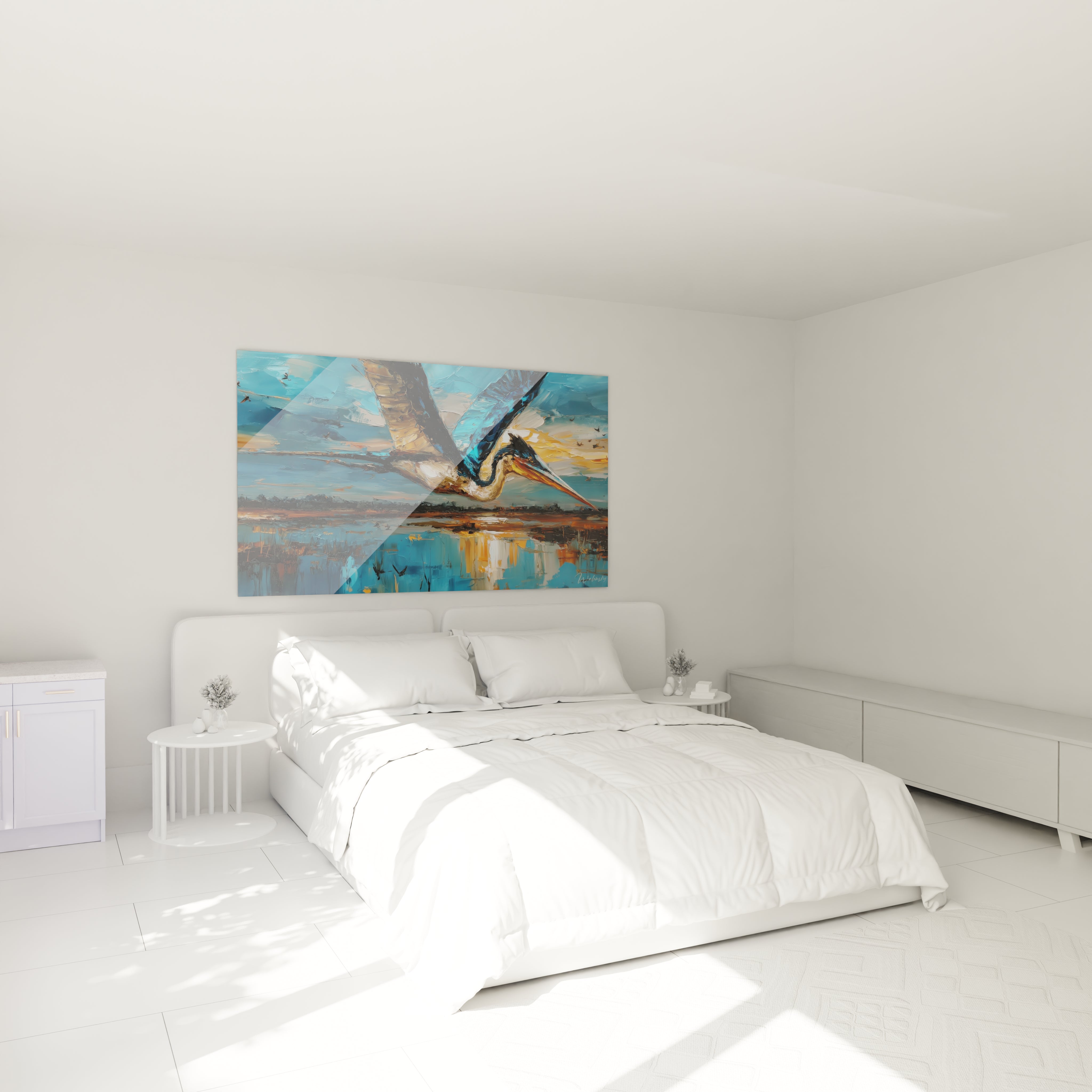 Tableau mural héron décoratif installé dans une chambre moderne, ambiance nature et sérénité