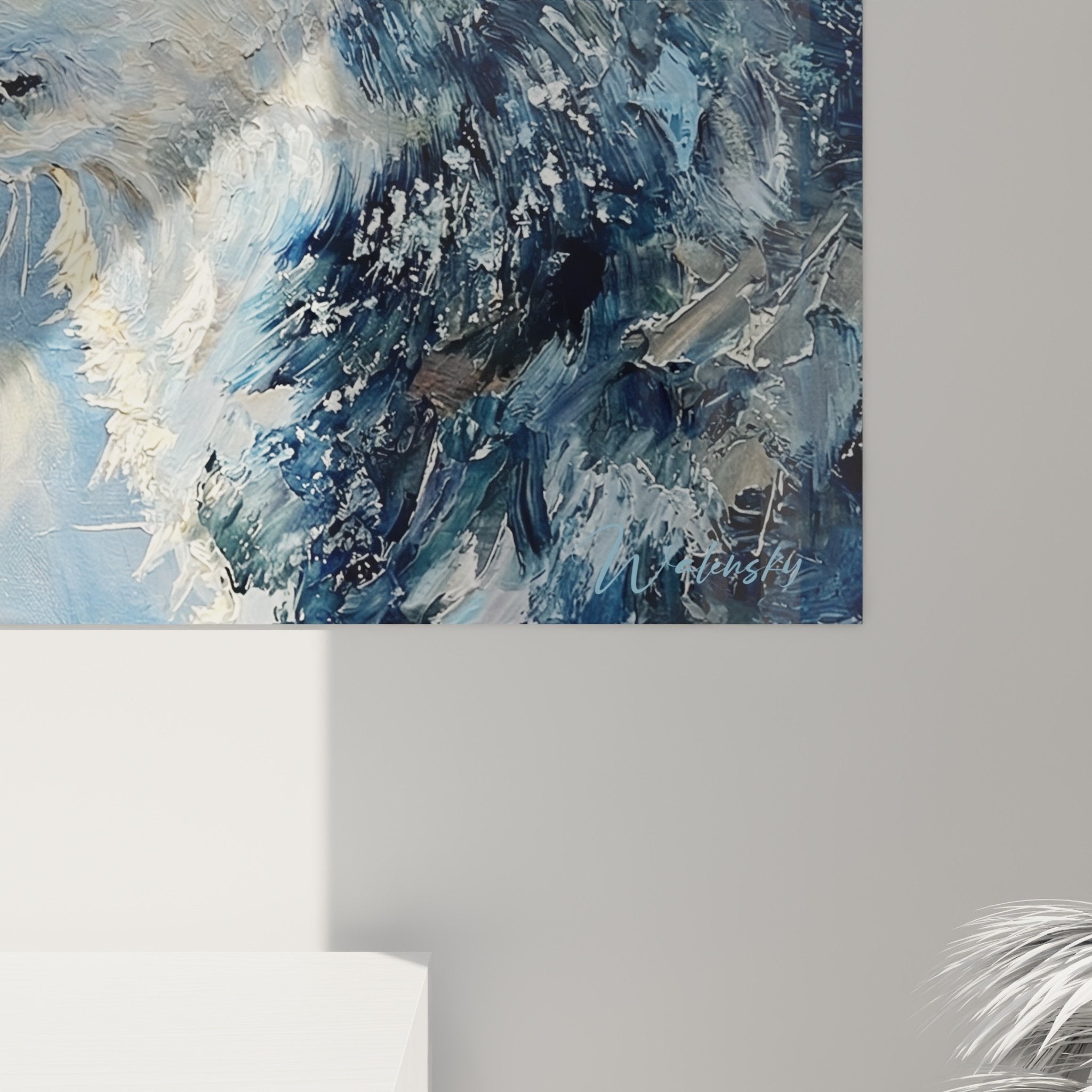 Tableau mural huskys couple tendresse decoration interieur tons bleus dores