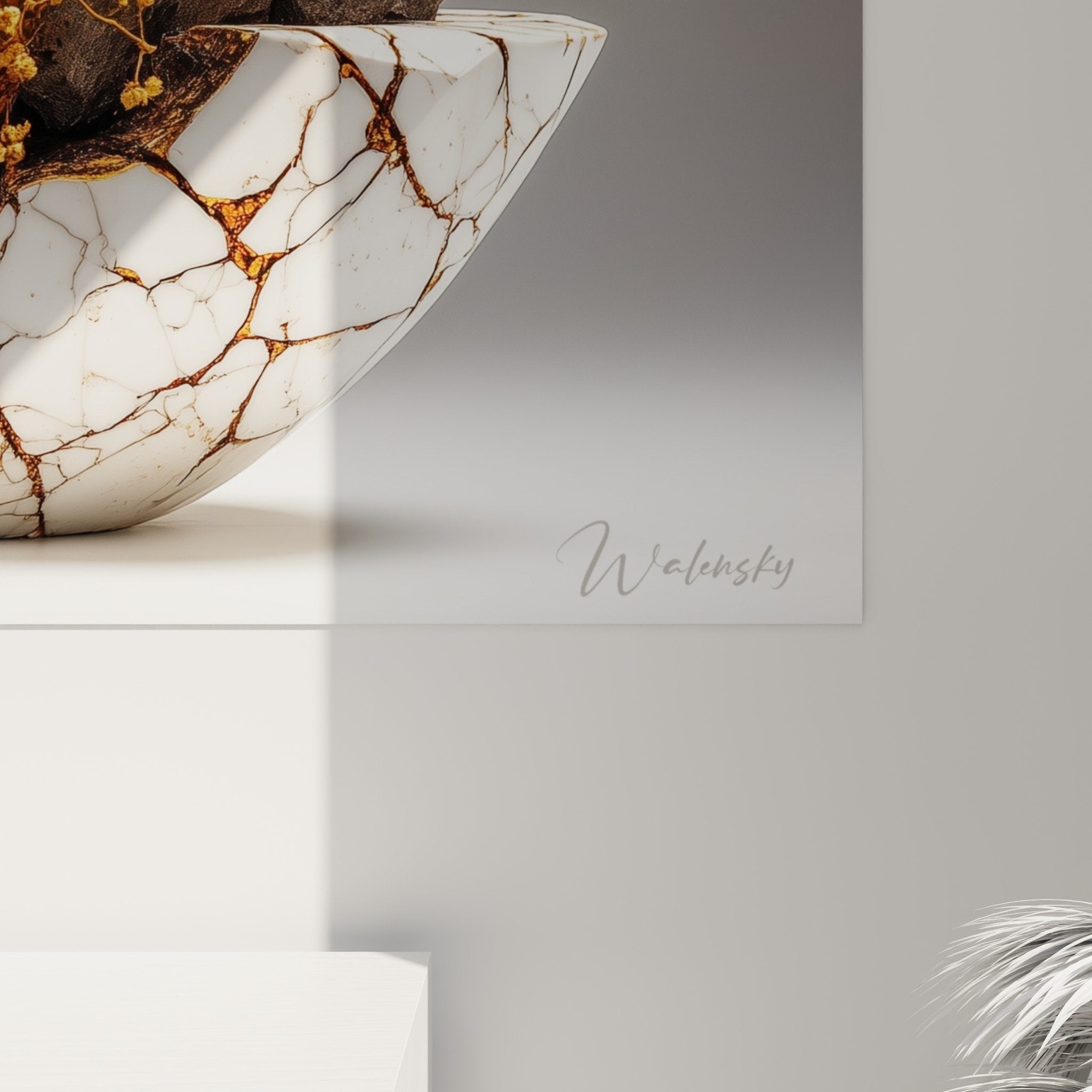 Ikebana wall art modern living room golden leaves crackled bowl Japanese zen decoration contemporary interior