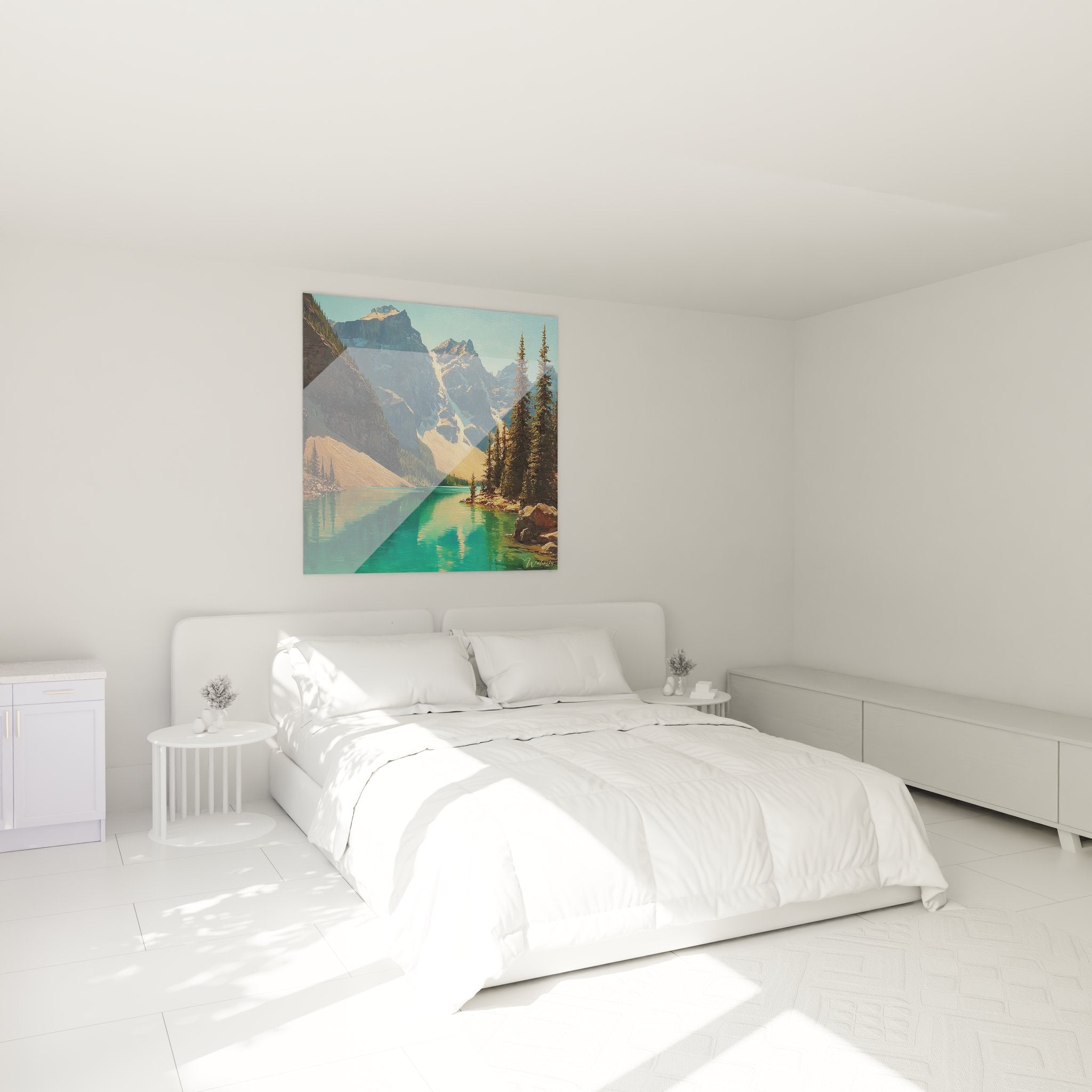 Tableau mural lac alpin turquoise dans ambiance chambre moderne avec décoration zen et apaisante