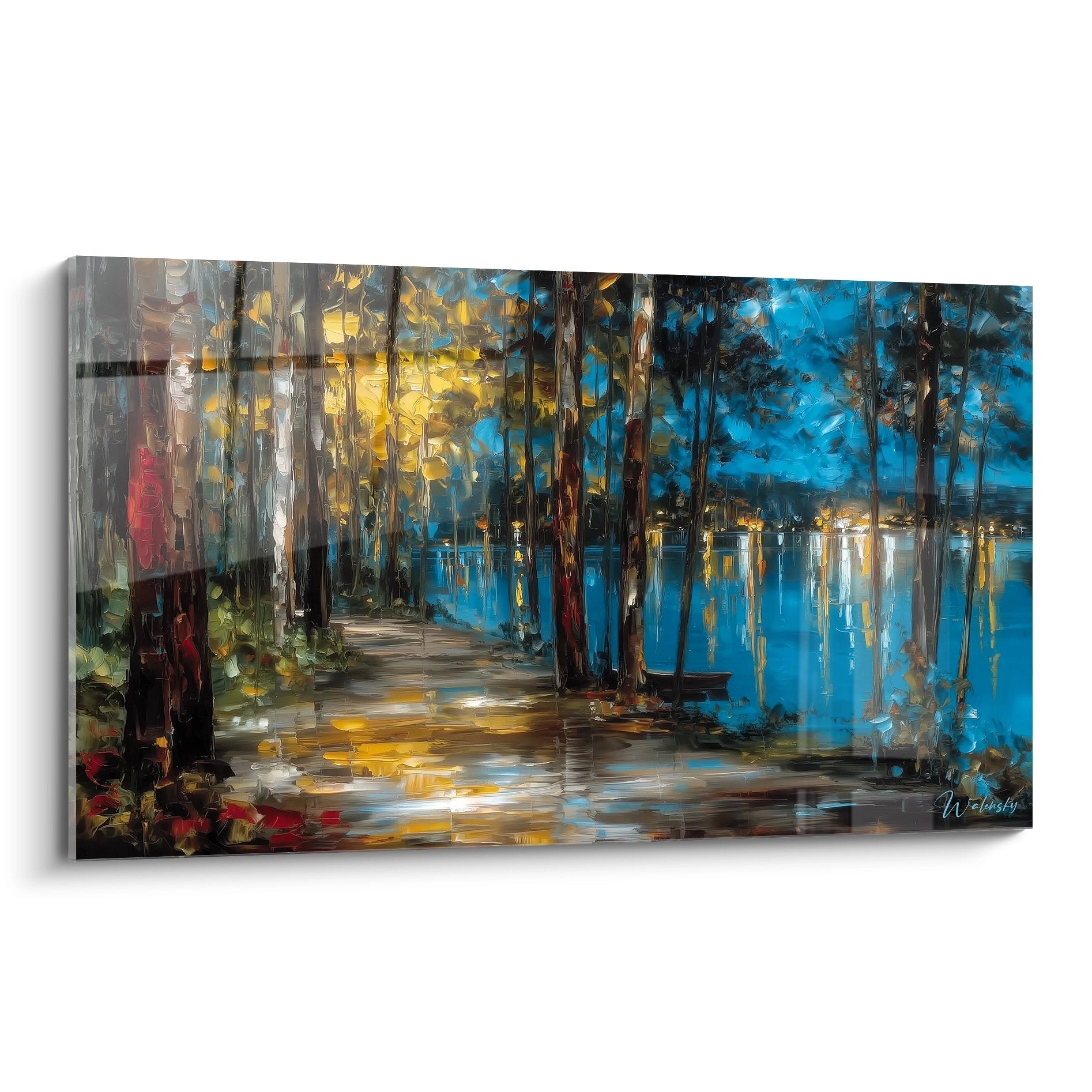 Tableau mural lac en forêt nocturne avec reflets dorés et sentier, peinture impressionniste nature