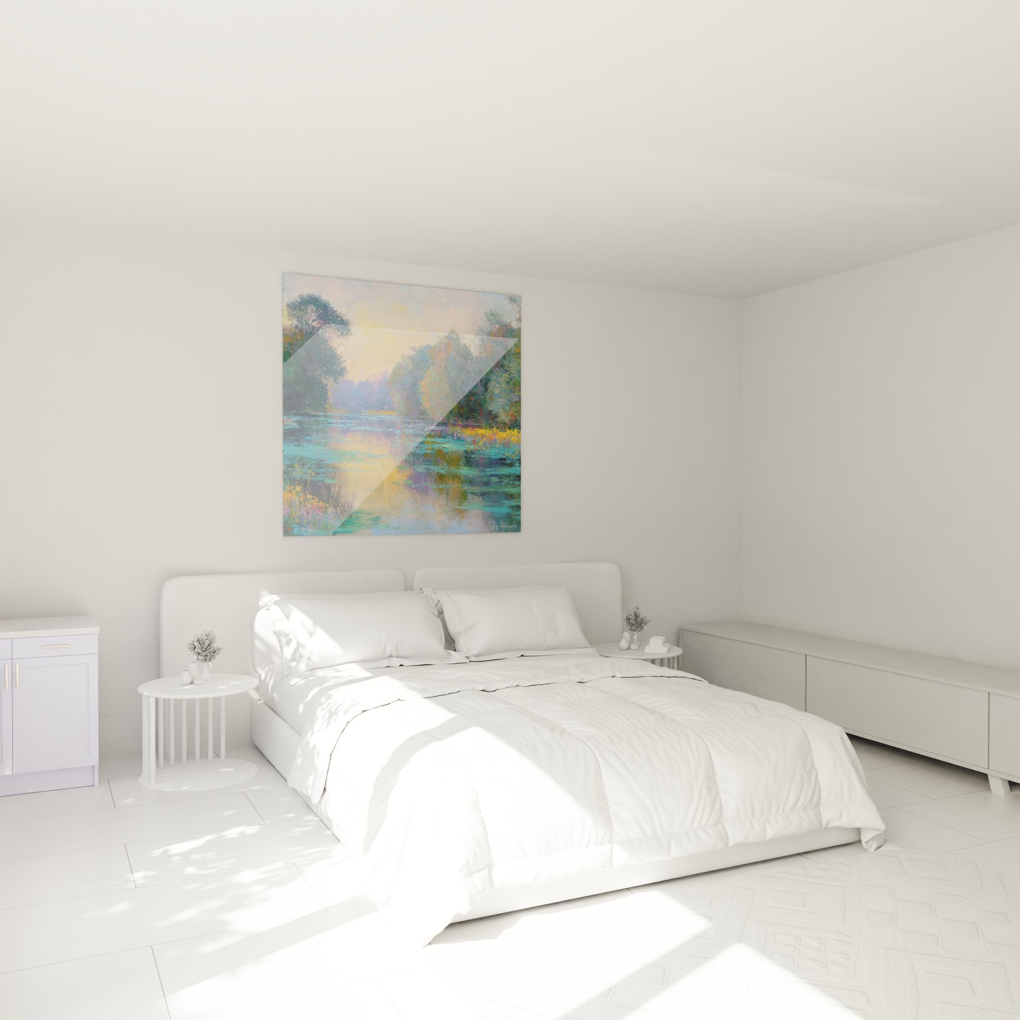 Tableau mural lac impressionniste décorant chambre ambiance zen coucher soleil reflets dorés apaisants