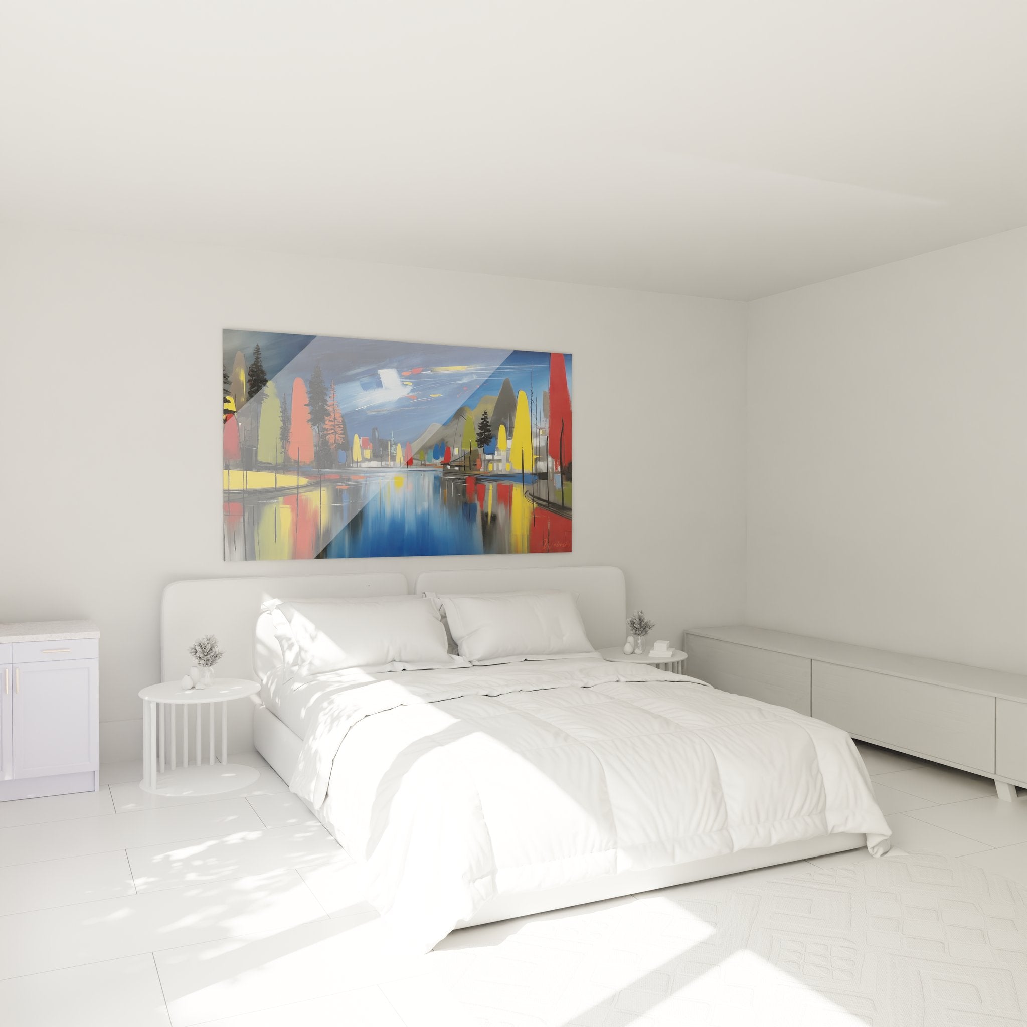 Tableau mural lac moderne dans chambre contemporaine, reflets artistiques colorés sur eau bleue