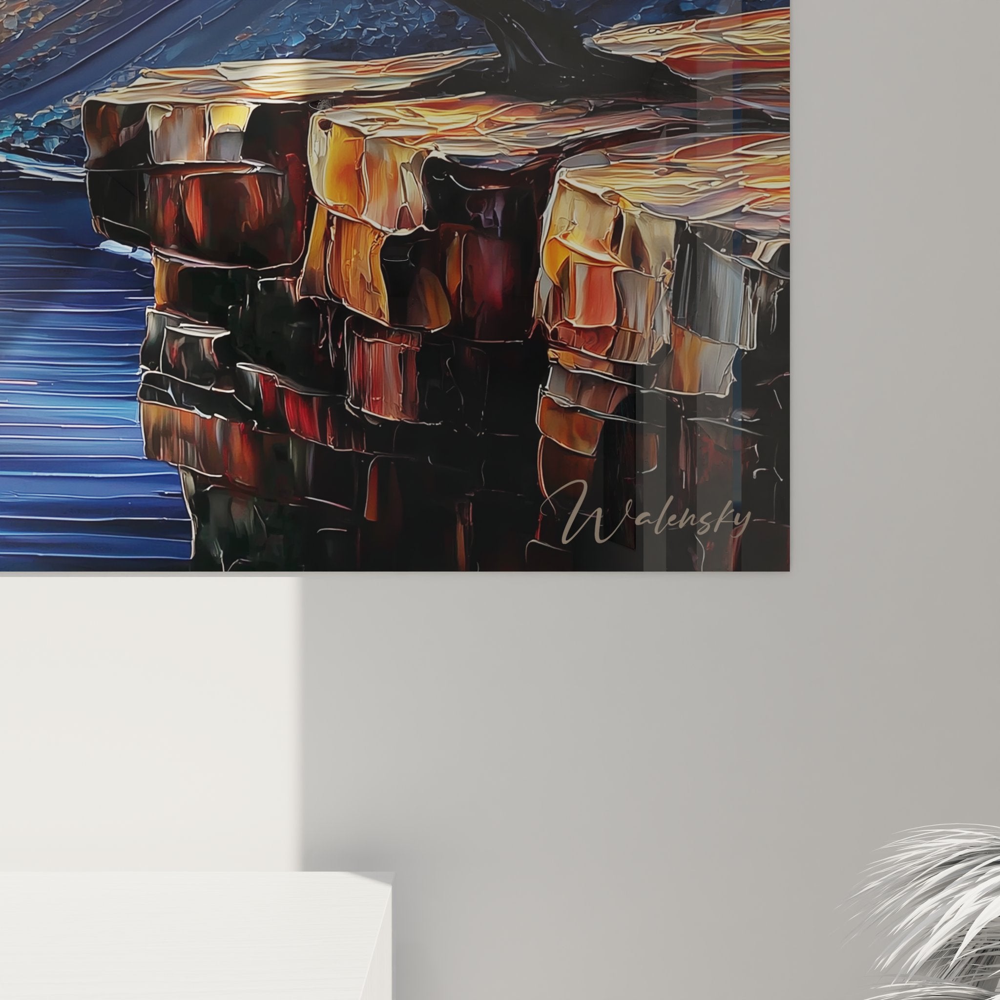 Vue ensemble tableau mural lac montagne coucher soleil avec arbre rouge et nuages sculptés violets