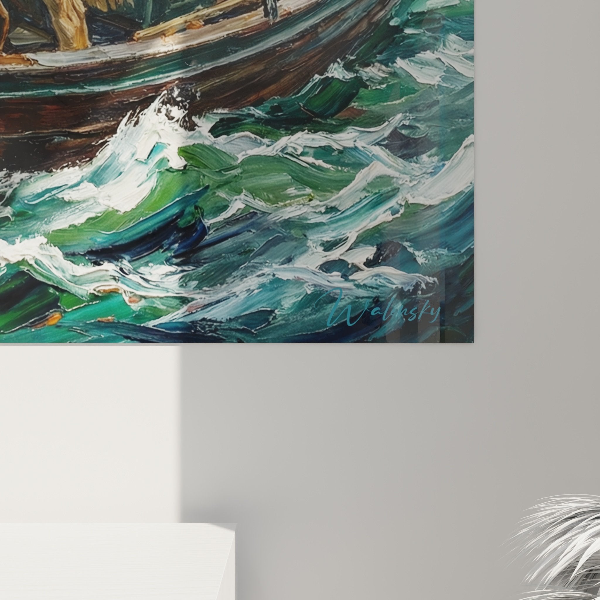 Vue ensemble tableau leonberg scene maritime dramatique salon decoration murale chien courageux