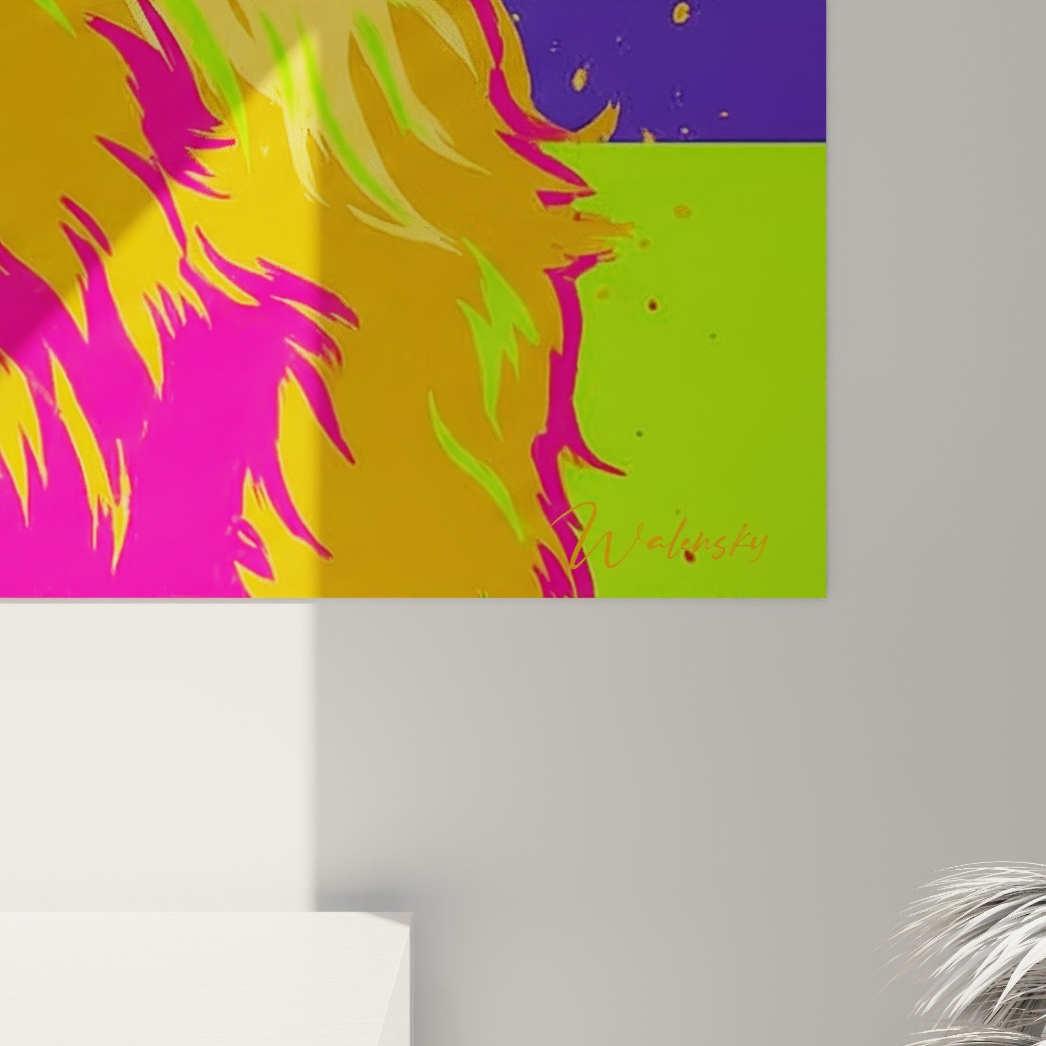 Vue ensemble tableau Lhassa Apso fluorescent accroche mur salon decoration contemporaine