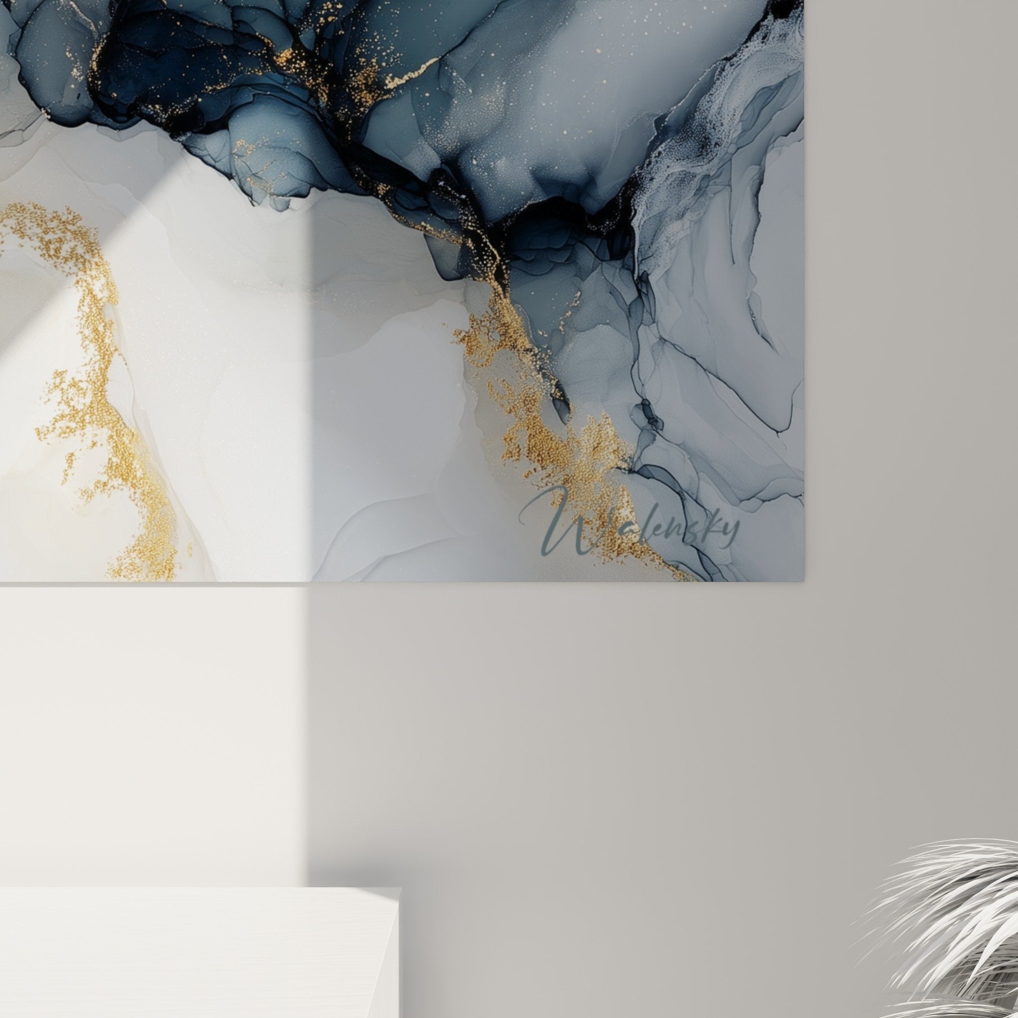 Overview of abstract marble wall art in modern living room with blue tones