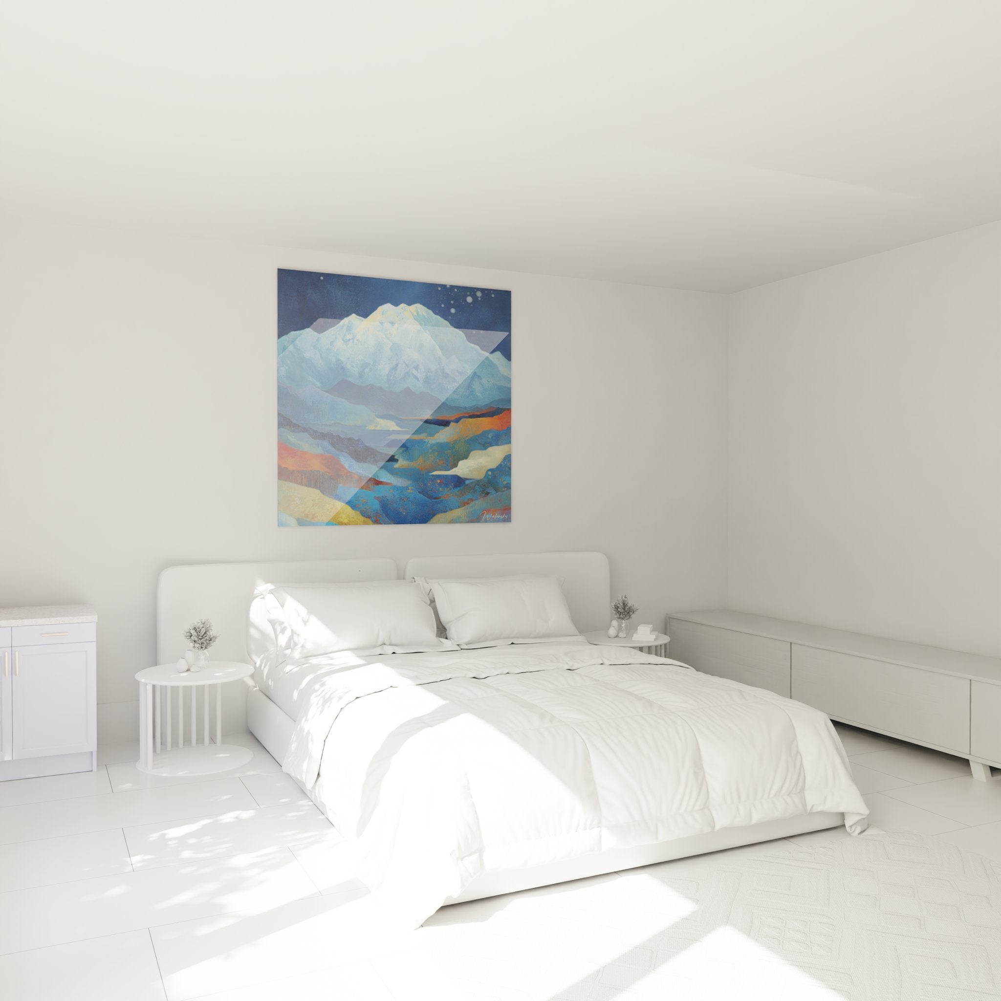 Tableau mural montagne enneigée décorant une chambre moderne avec ambiance nocturne