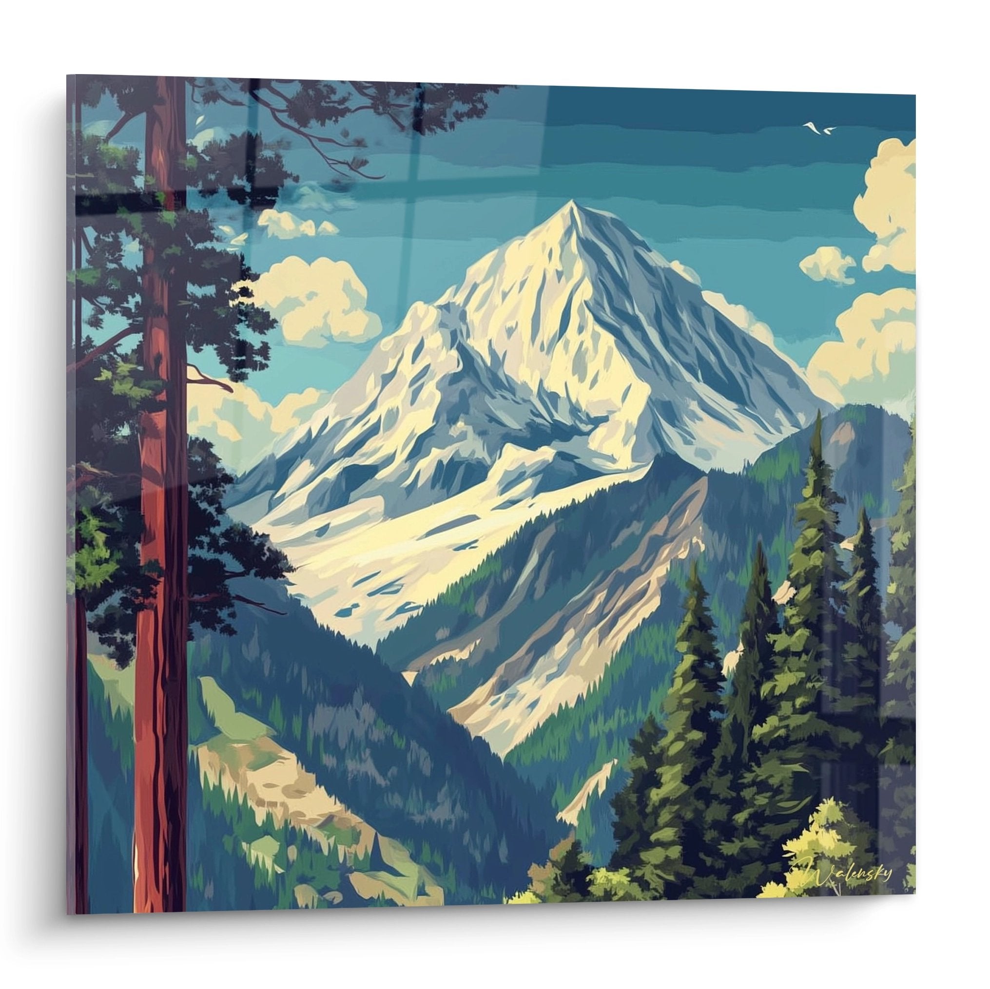 Tableau mural montagne paysage alpin majestueux avec séquoia et sommets enneigés décoration nature