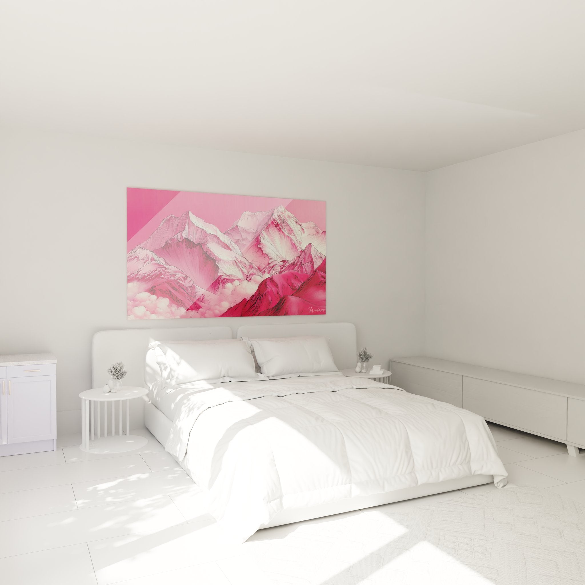 Tableau mural montagne rose installé dans chambre moderne avec décoration contemporaine