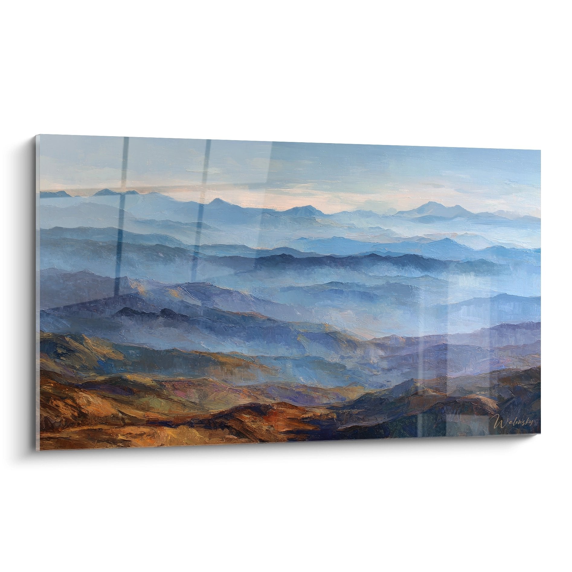 Tableau mural montagnes brumeuses aux tons bleus et ocres, paysage montagnard atmosphérique pour décoration