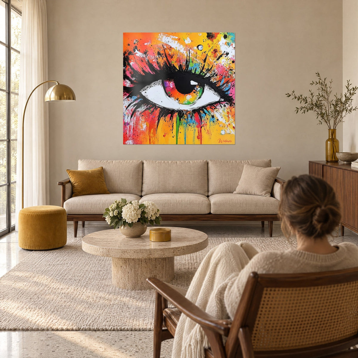 Cuadro ojo gigante de largas pestañas negras, iris verde y naranja, salpicaduras rosas, sobre un sofá en un salón luminoso