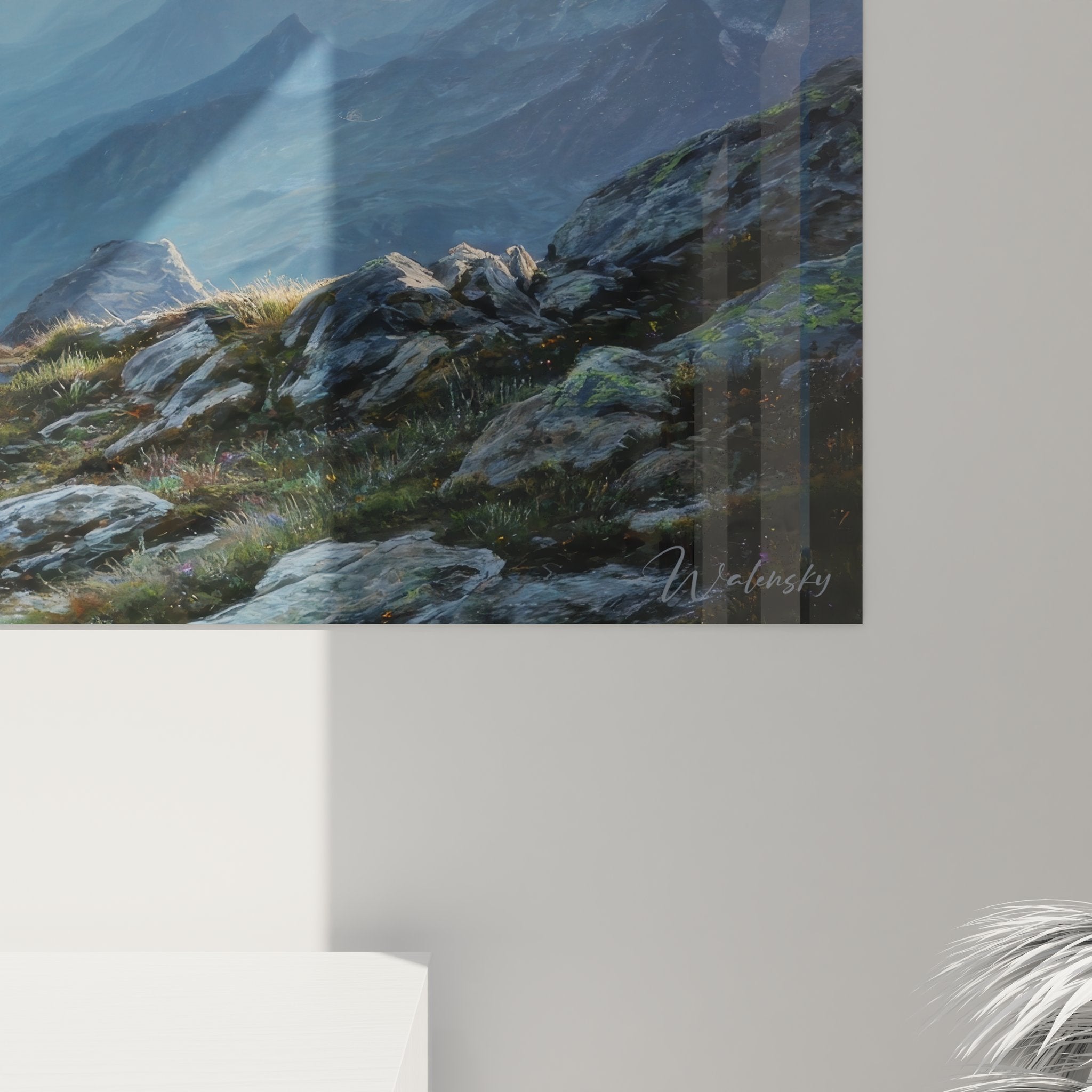 Vue ensemble tableau mural paysage montagneux vallée alpine décoration intérieure