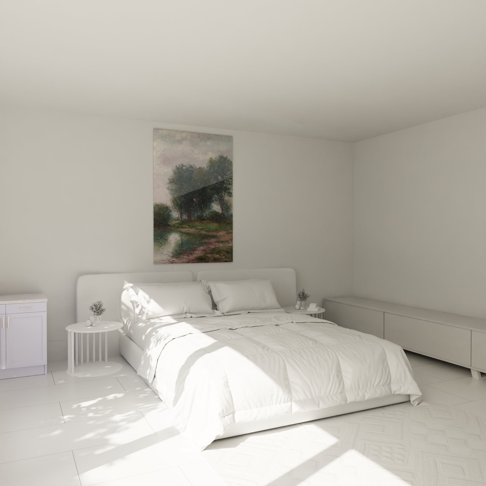 Tableau mural paysage rivière dans chambre moderne, ambiance déco nature apaisante avec arbres