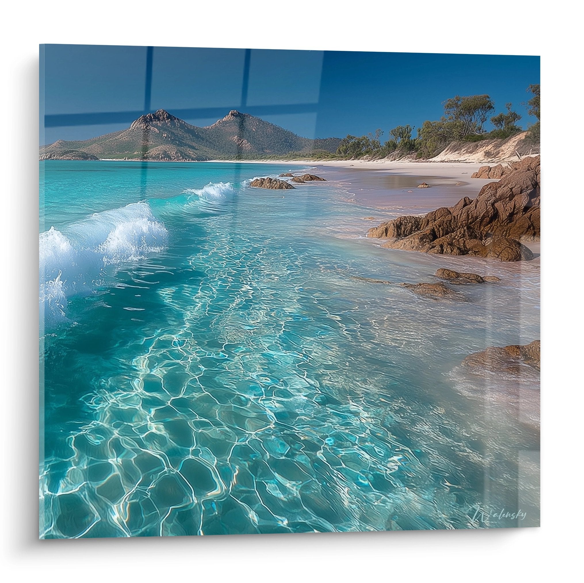 Tableau mural plage tropicale eaux cristallines turquoise montagnes sable blanc décoration maritime