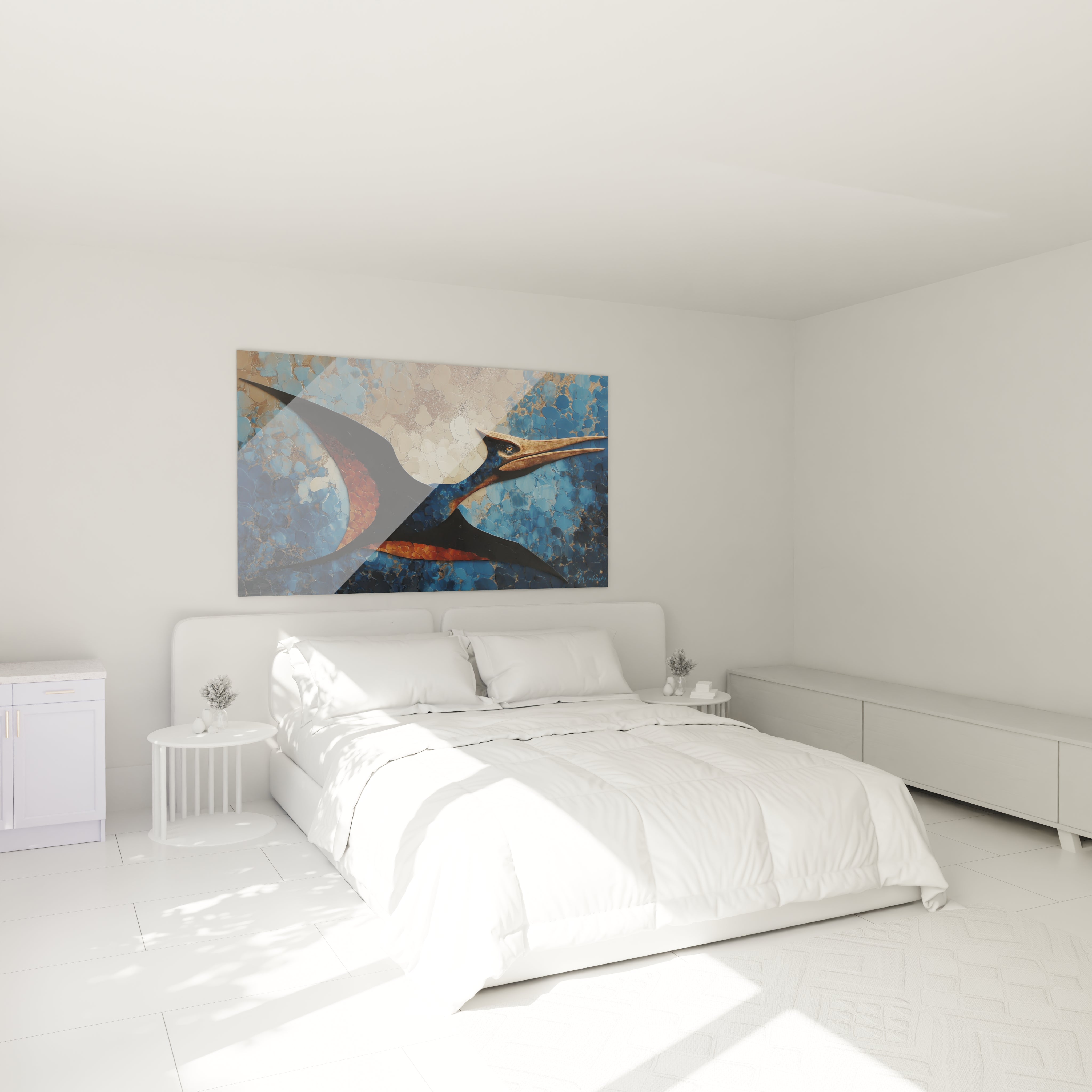 Tableau mural ptéranodon dans chambre moderne, décoration art préhistorique élégante