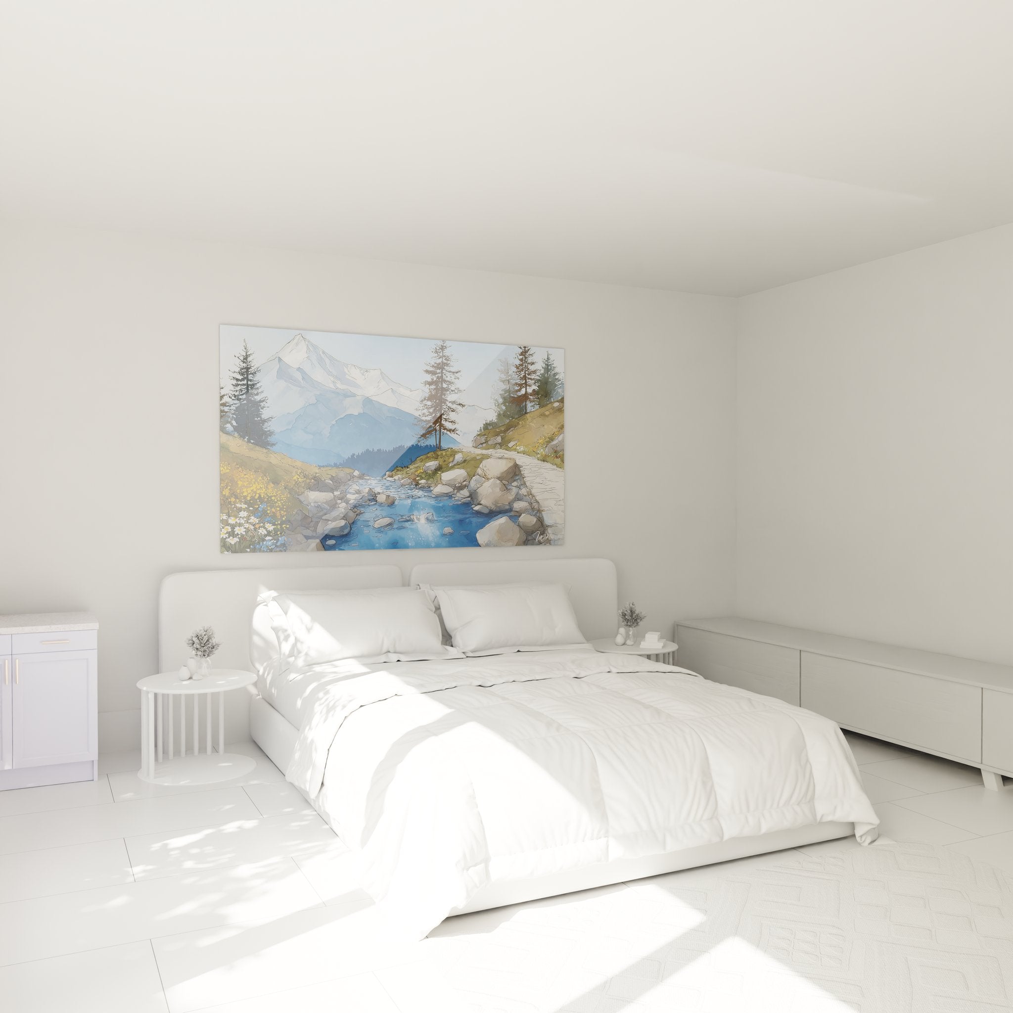 Tableau mural ruisseau montagne dans chambre moderne, paysage alpin apaisant pour décoration intérieure