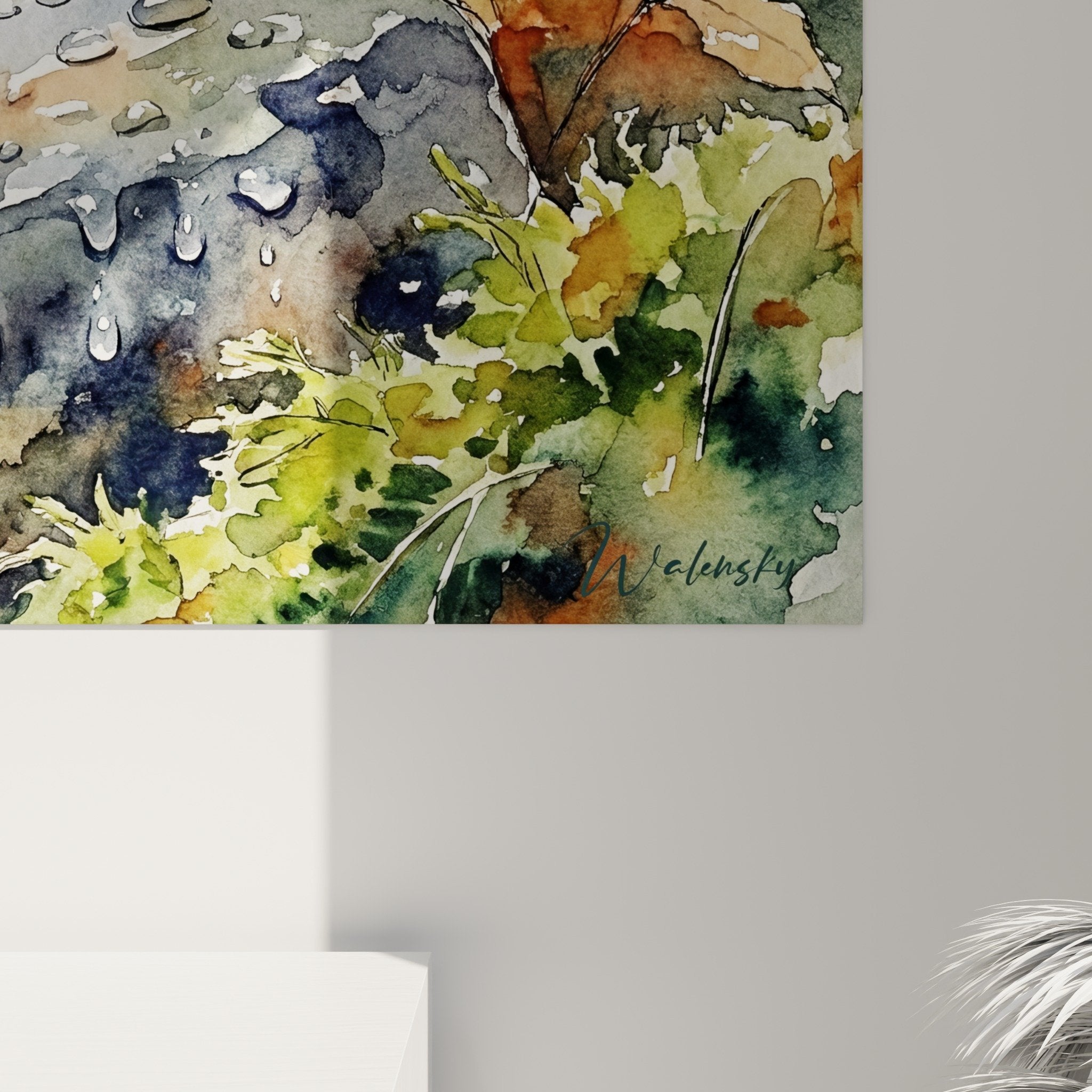 Wandbild Salamander in natürlichem Interieur, Wanddekoration Waldtiermotiv Kunstdruck