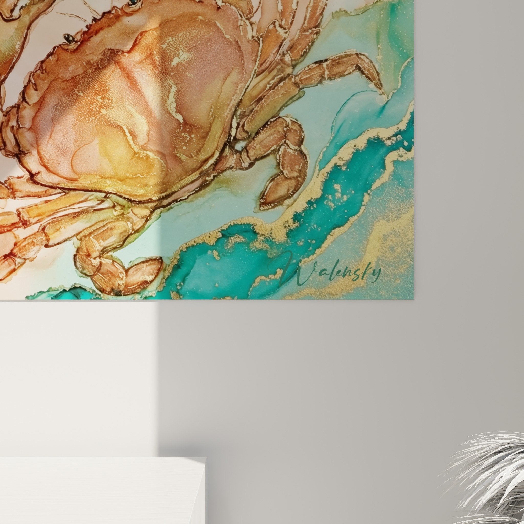 abstraktes Wandgemälde rosa türkis Vergoldungen modernes Wohnzimmer Dekoration Fluidkunst Krabbenedition