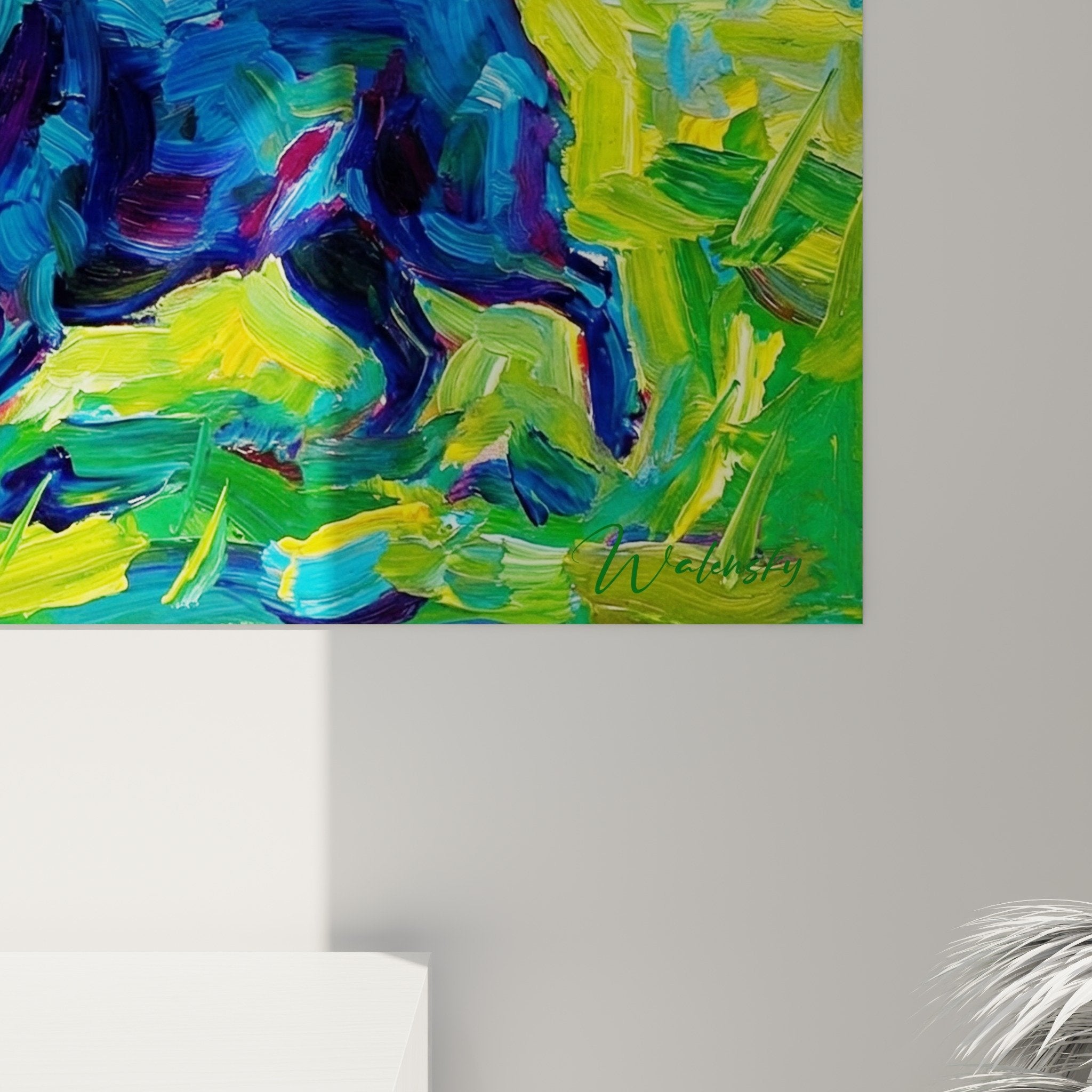 tableau mural schipperke impressionniste couleurs vives bleu vert decoration moderne