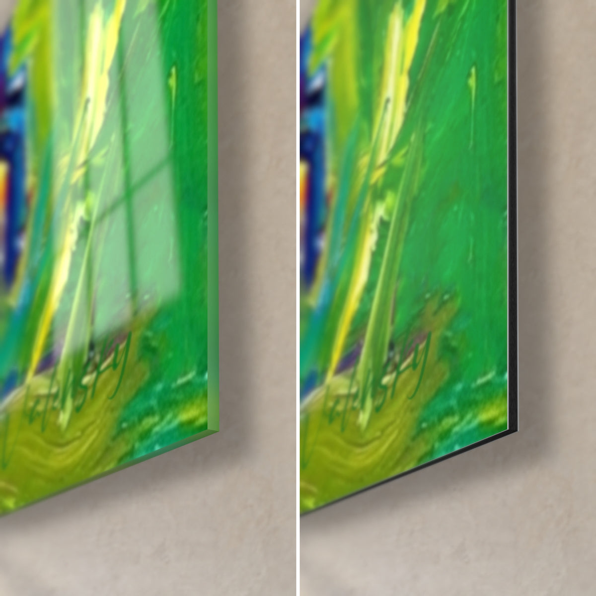 Wall art of night-blue dogs on green grass, bottom right corner: glossy acrylic glass on the left, matte Dibond aluminium on the right, 3 mm edge