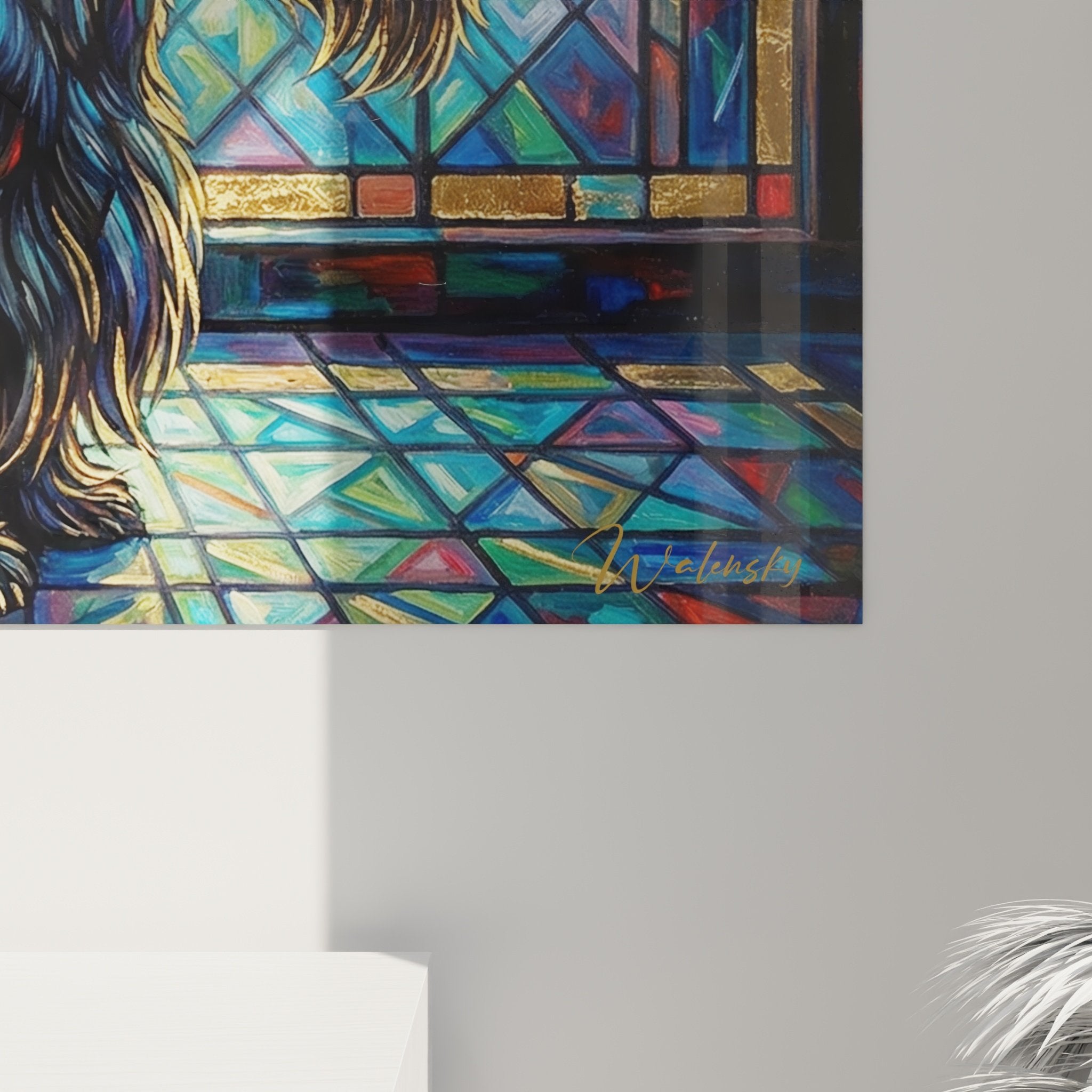 Œuvre murale Scottish Terrier style vitrail dans intérieur contemporain éclairage naturel
