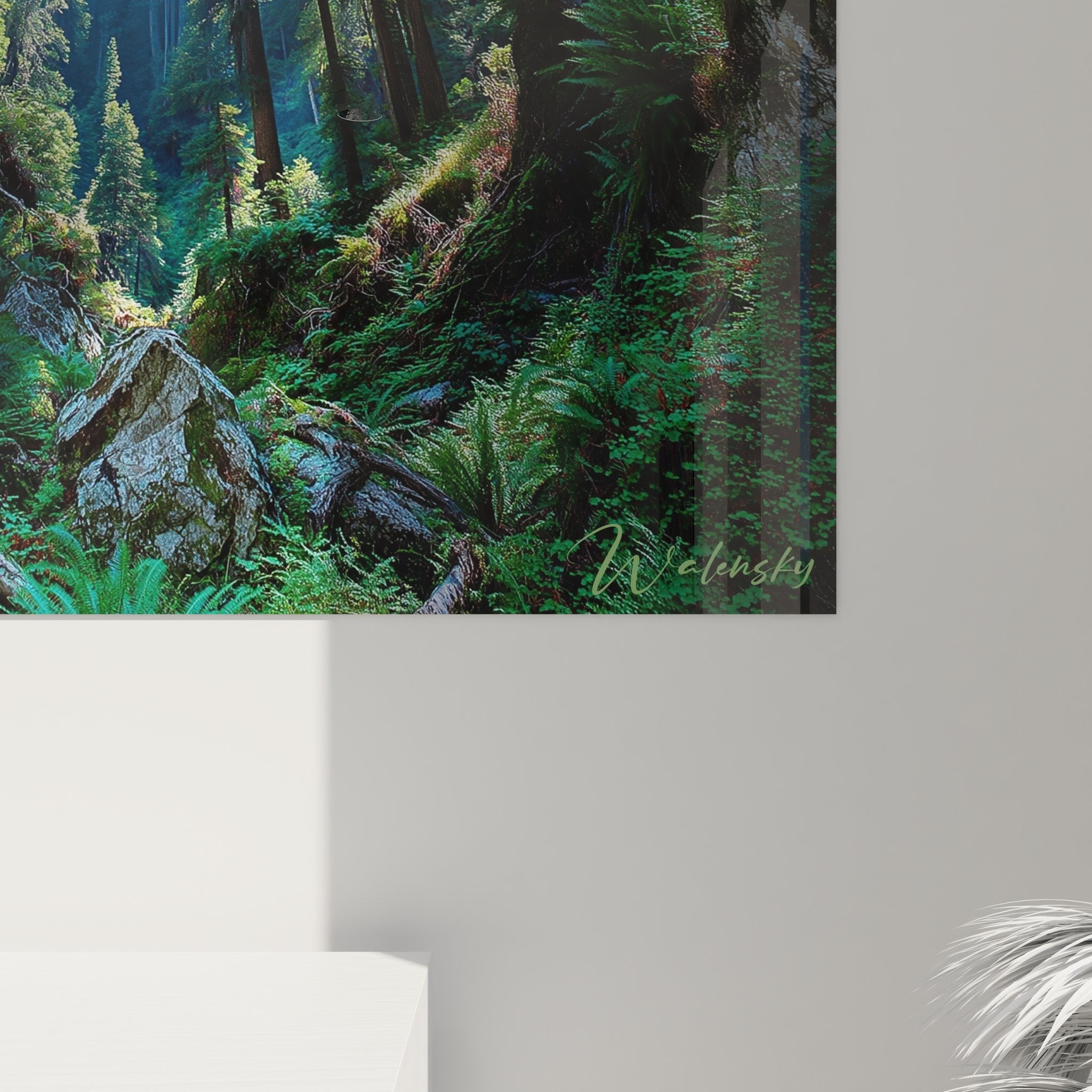 Vue ensemble tableau mural séquoias géants format vertical dans intérieur contemporain élégant