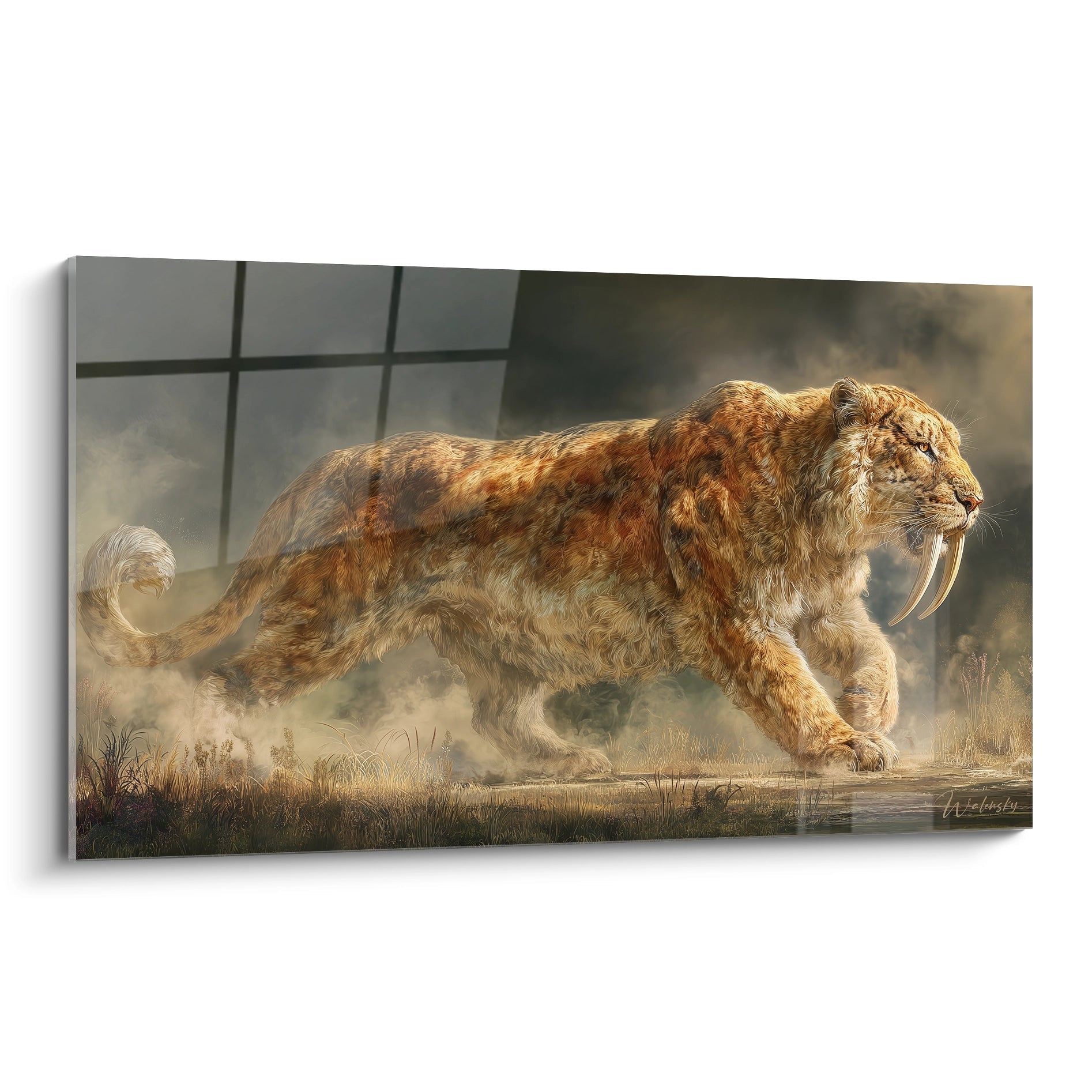 Tableau mural smilodon en course avec ses dents de sabre, art préhistorique réaliste sur toile décorative