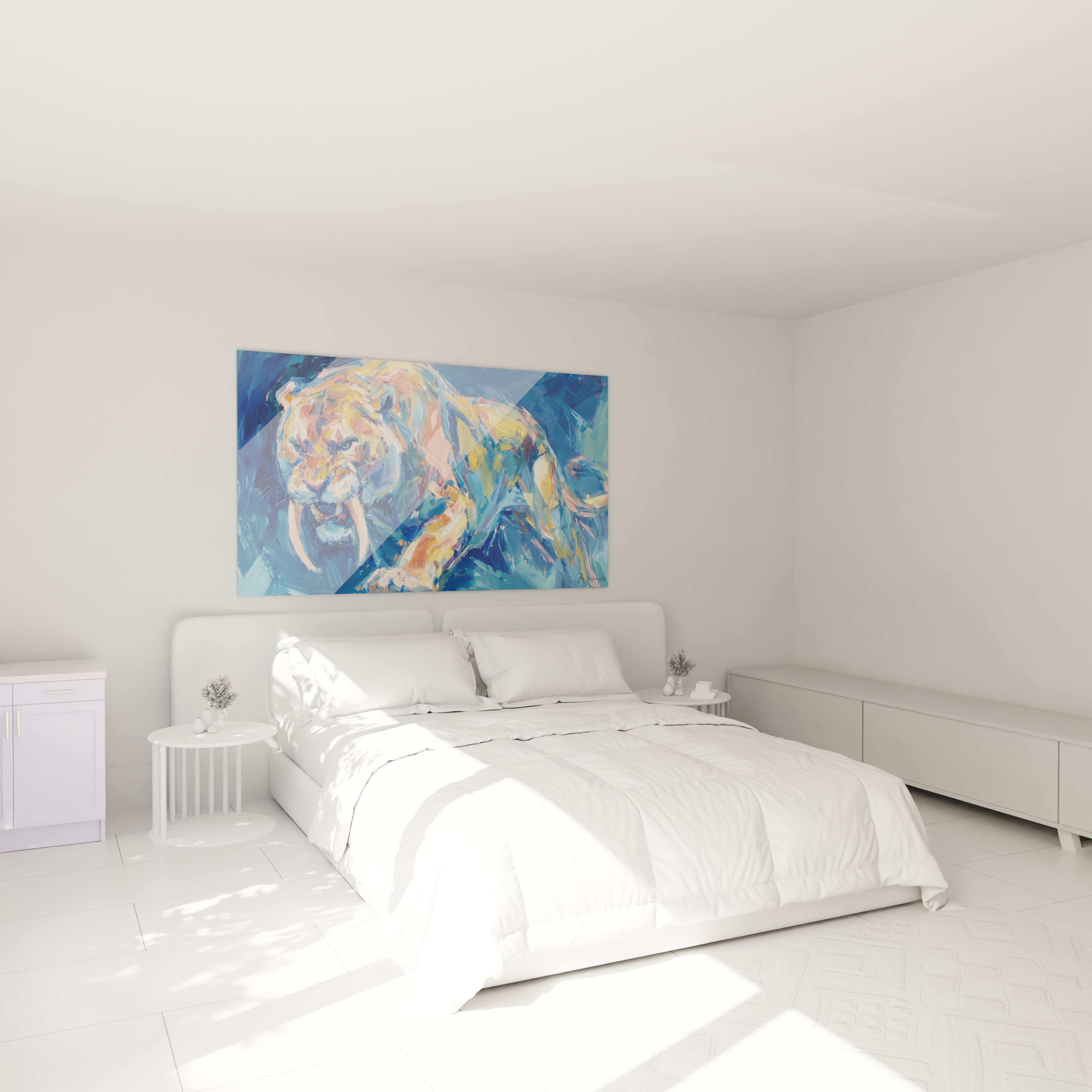 Tableau mural tigre préhistorique smilodon décorant chambre ambiance art animalier moderne