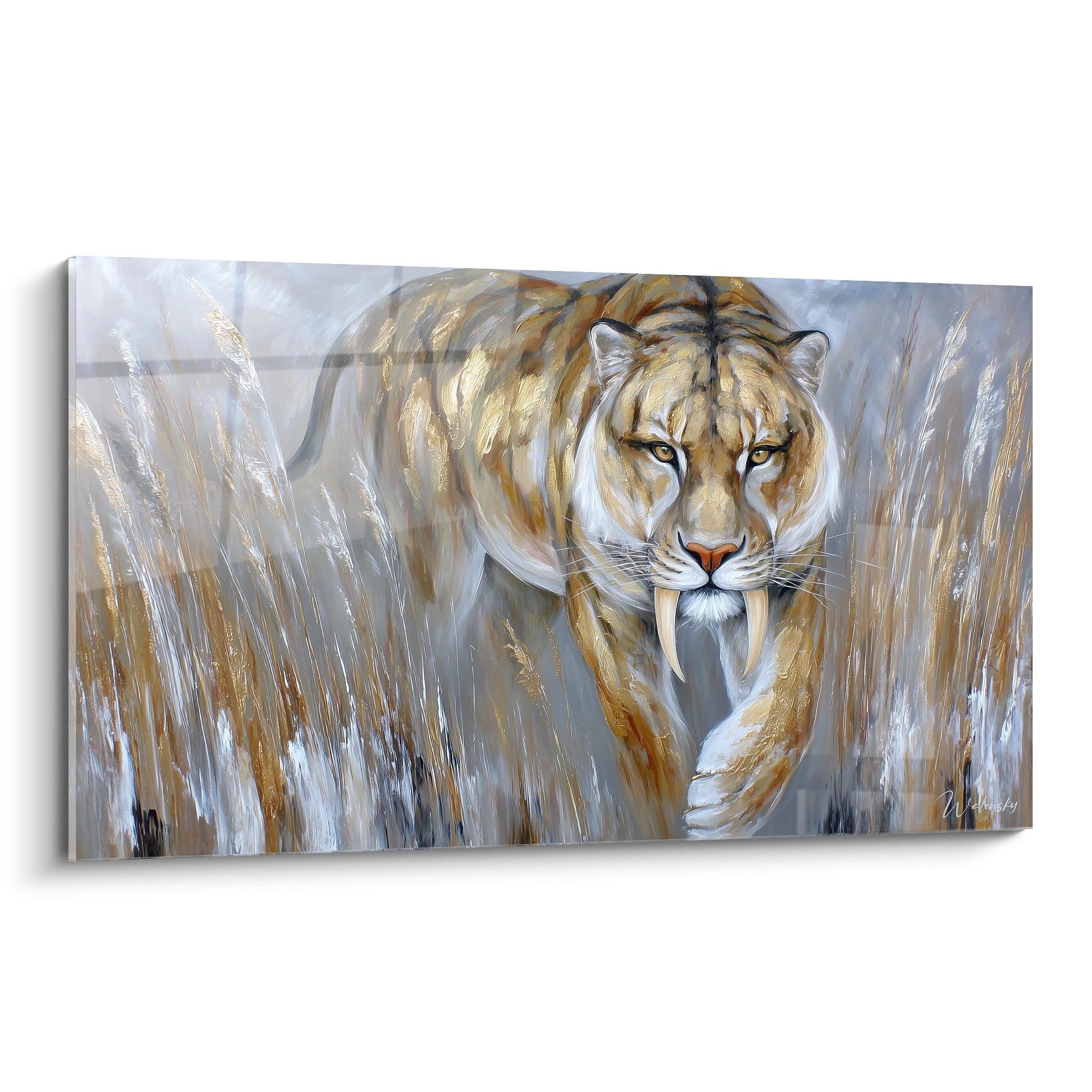 Tableau mural smilodon dans hautes herbes dorées - Art préhistorique tigre dents de sabre pour décoration