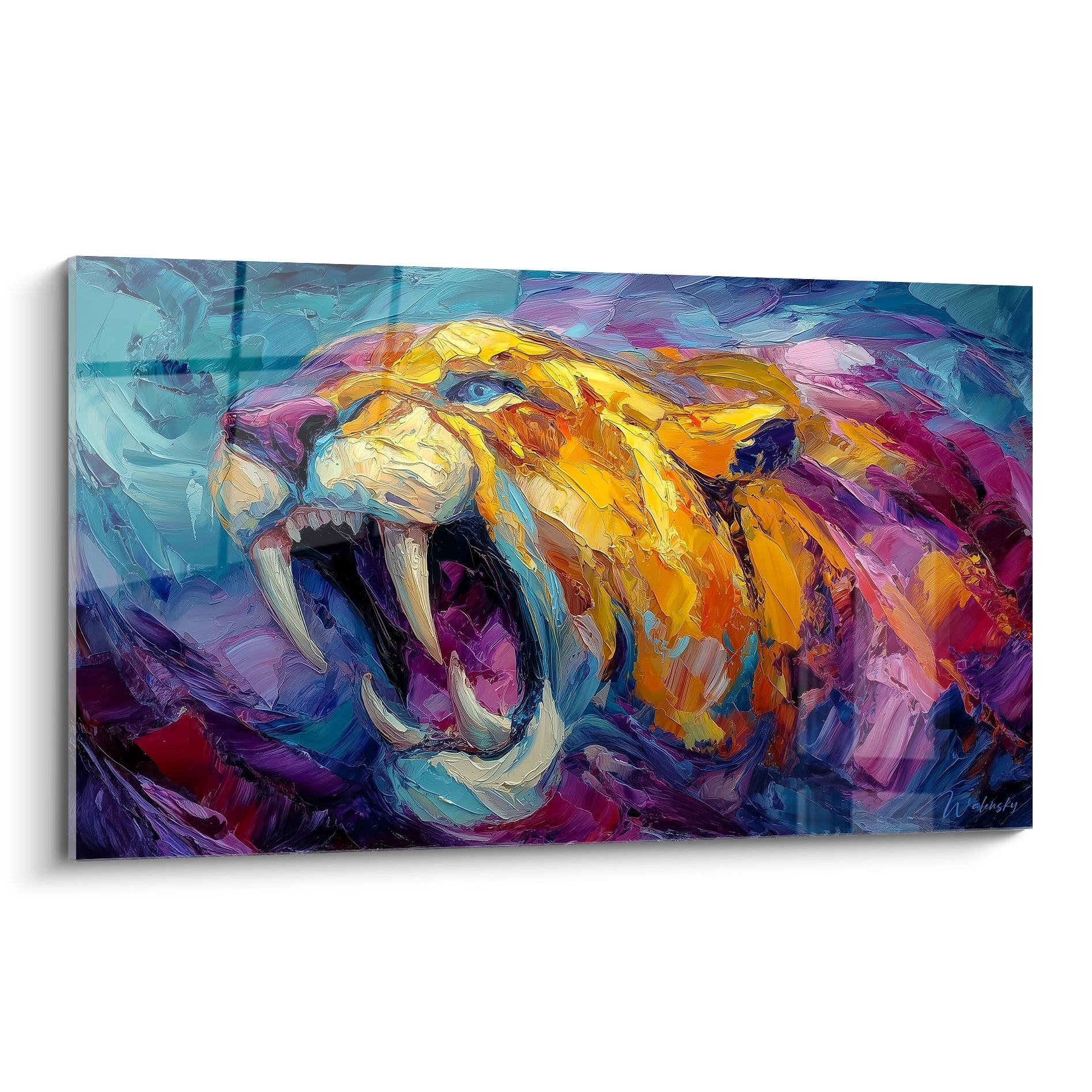 Tableau mural smilodon rugissant aux couleurs vives, peinture tigre à dent de sabre expressionniste moderne