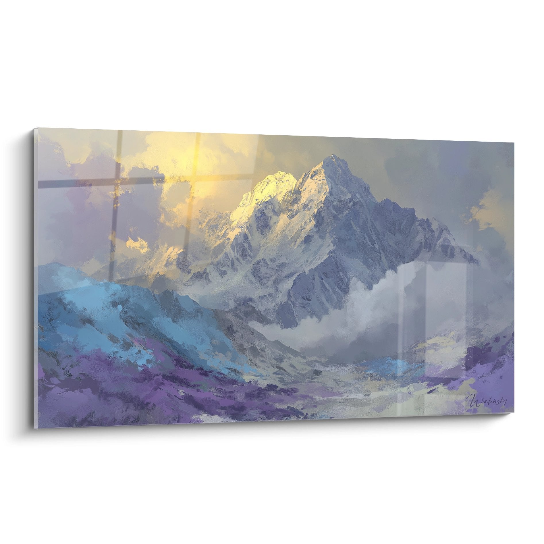 Tableau mural sommet montagneux avec lumière dorée et nuages violets, art décoratif montagne alpine