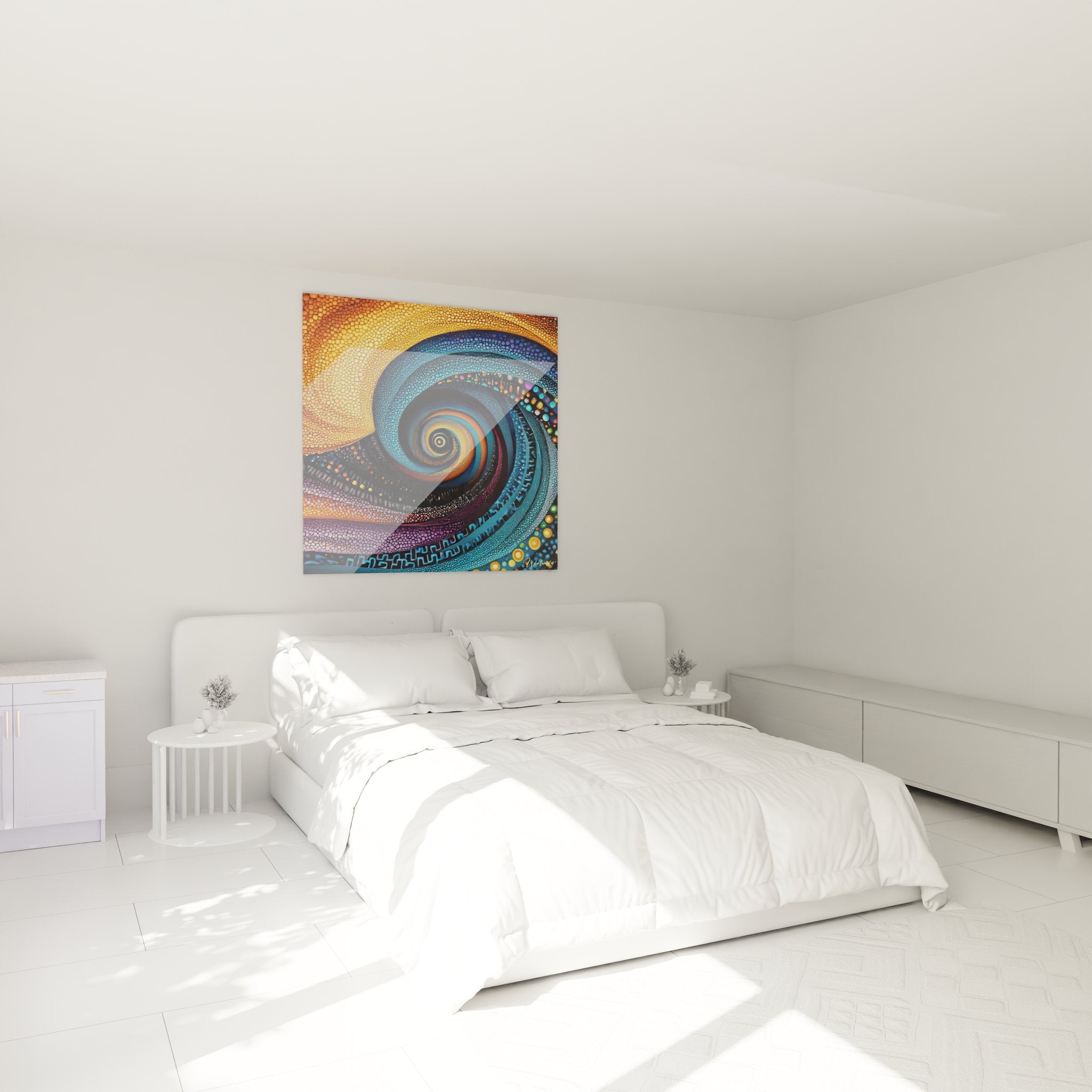 Tableau mural spirale abstrait dans chambre moderne, décoration design avec vortex cosmique coloré