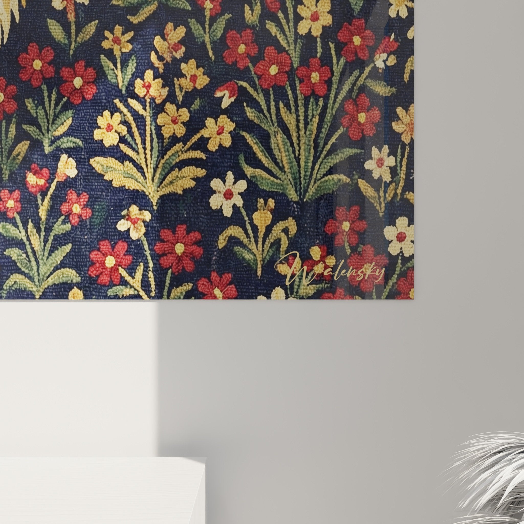 tableau mural spitz pomeranien style tapisserie ancienne fond floral multicolore decoration interieur