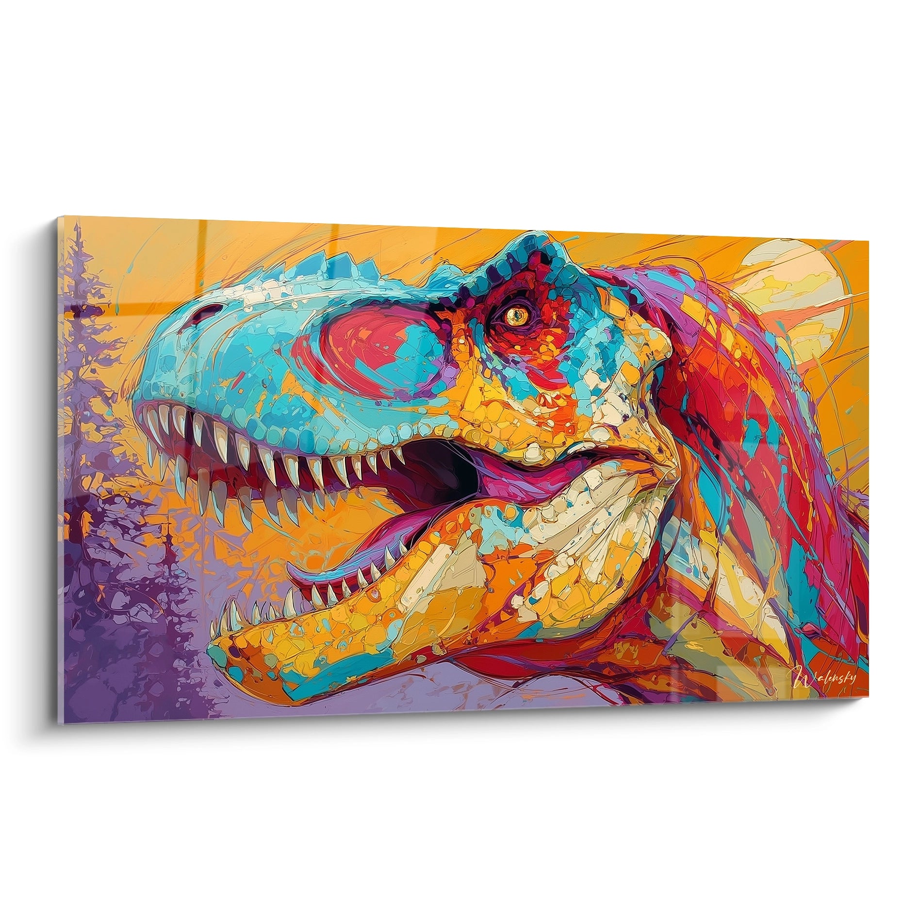 Tableau mural T-Rex coloré style expressionniste avec couleurs vives turquoise orange rouge