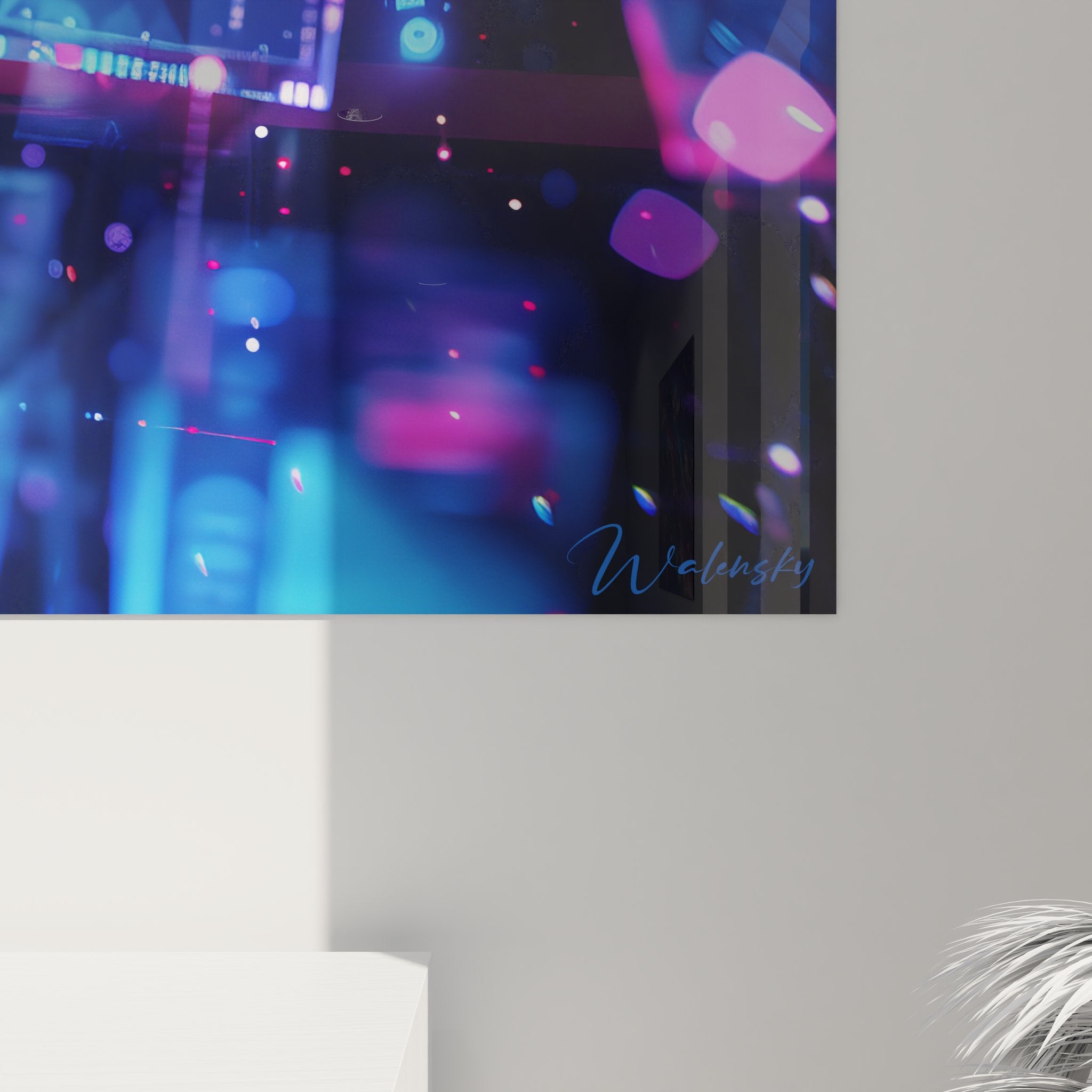 Vue ensemble tableau mural technologie quantique, art futurisme abstrait avec effets bokeh lumineux