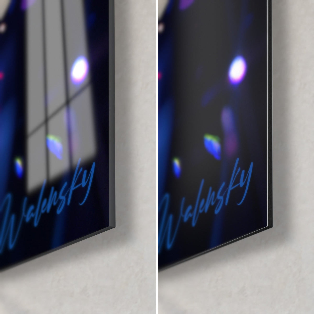 Wall art of luminous translucent blocks, bottom right corner in glossy glass and matte Dibond, blue signature, 3 mm edge