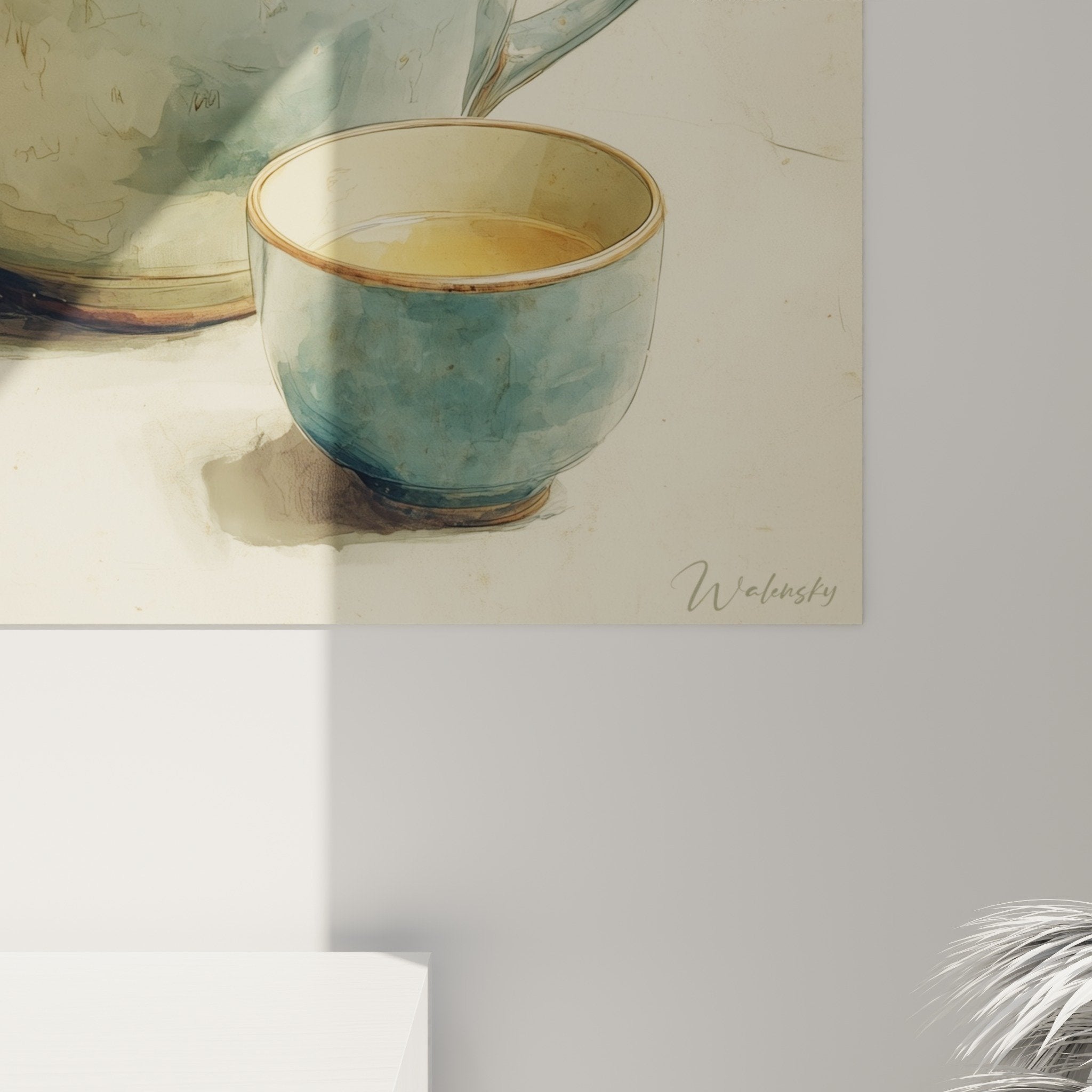 tableau mural theiere japonaise aquarelle vue ensemble decoration interieur style zen minimaliste
