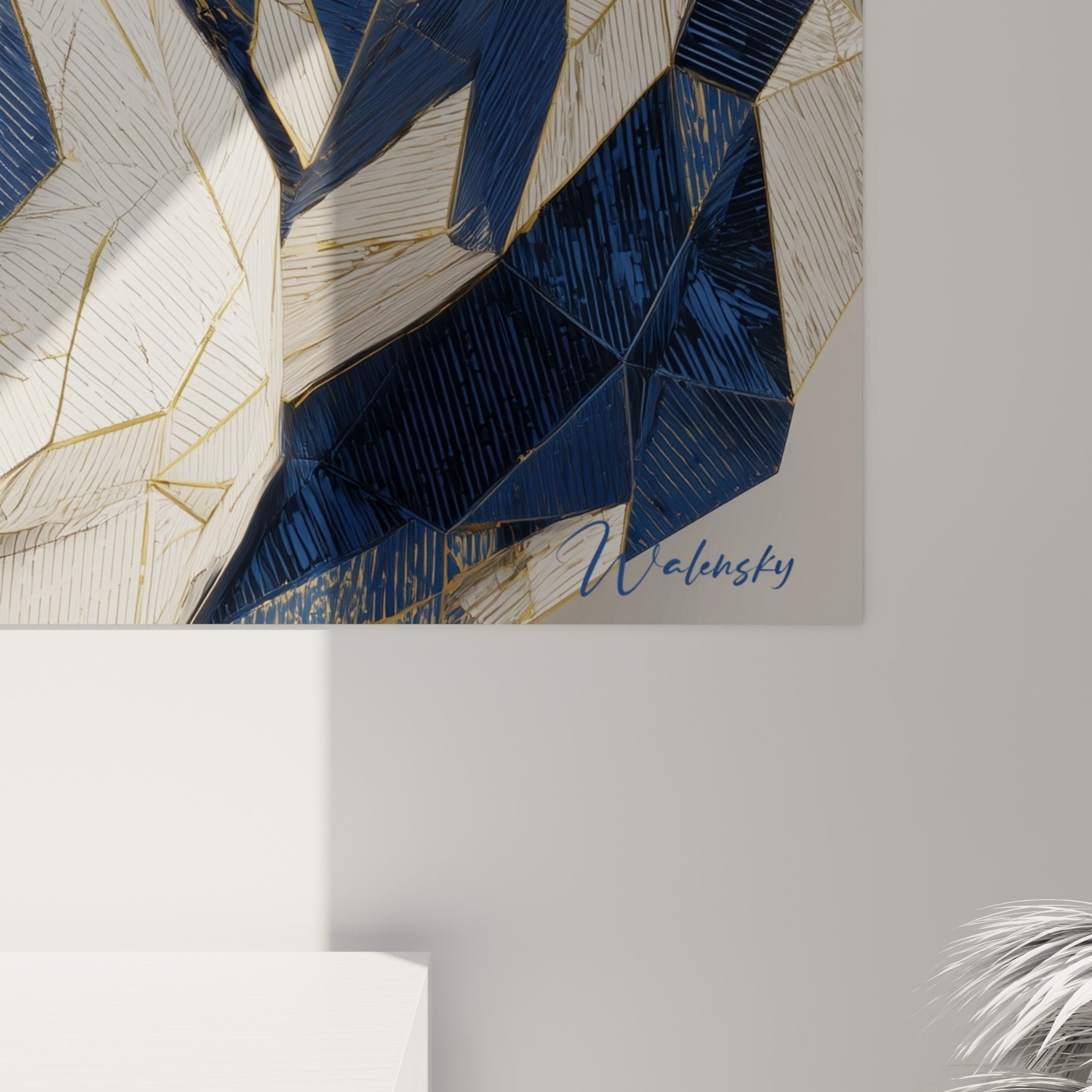 Wandbild Tiger geometrisch Wohnzimmer Dekoration blau gold zeitgenössische Kunst polygonale Mosaik