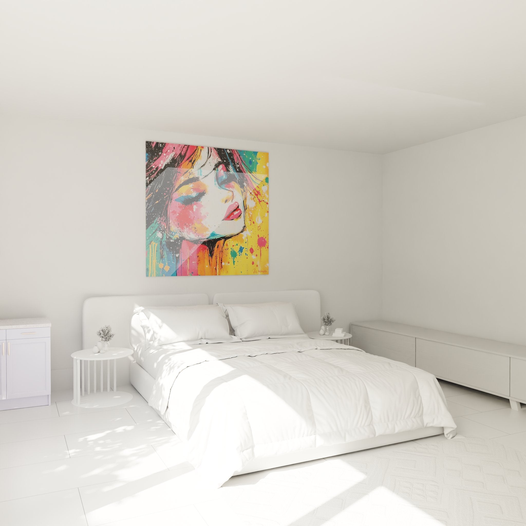 Tableau mural visage coloré installé dans chambre moderne pour ambiance artistique et déco contemporaine